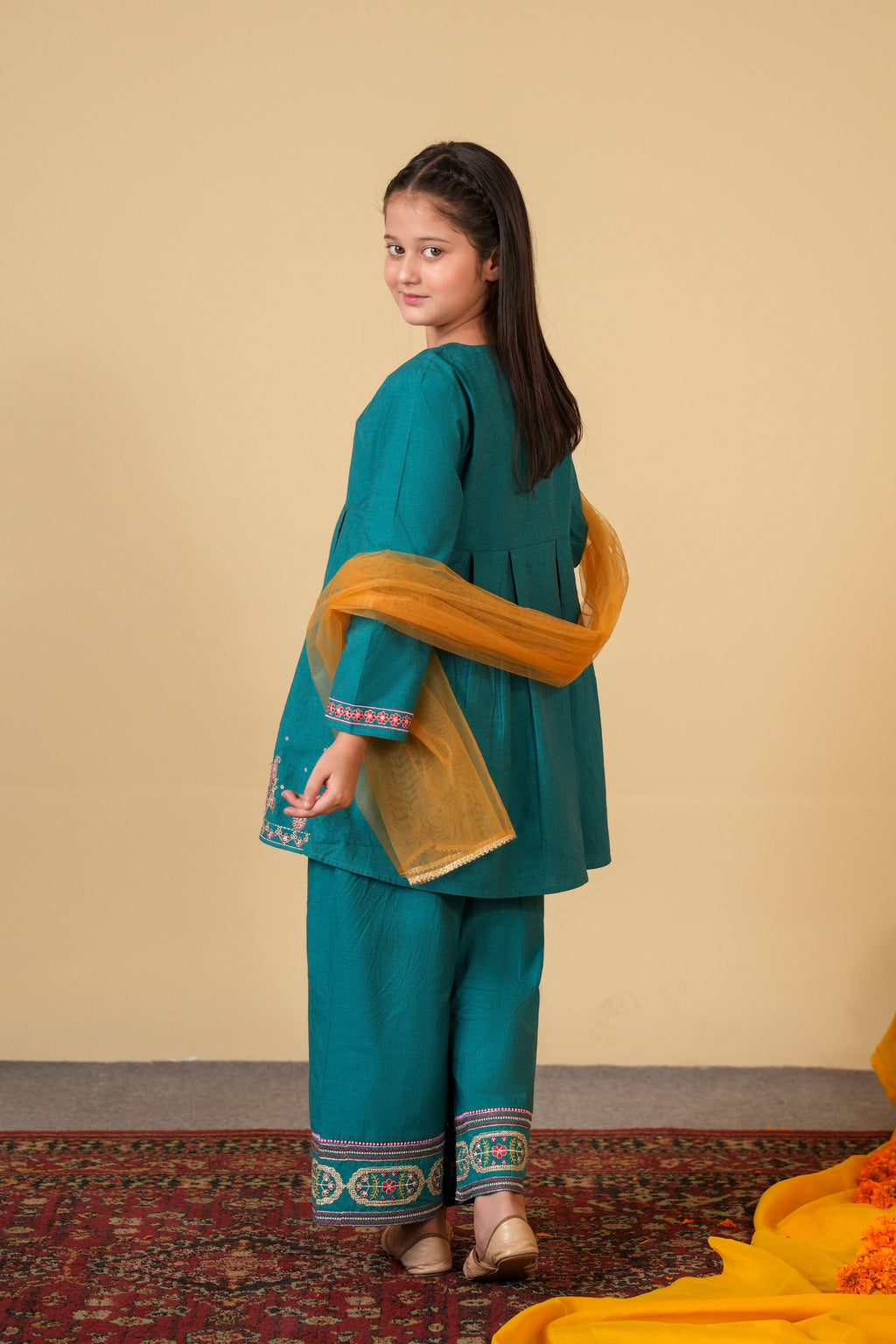 Girls Teal Blue Embroidered 3-Piece Suit – 100% Cotton Summer Wear