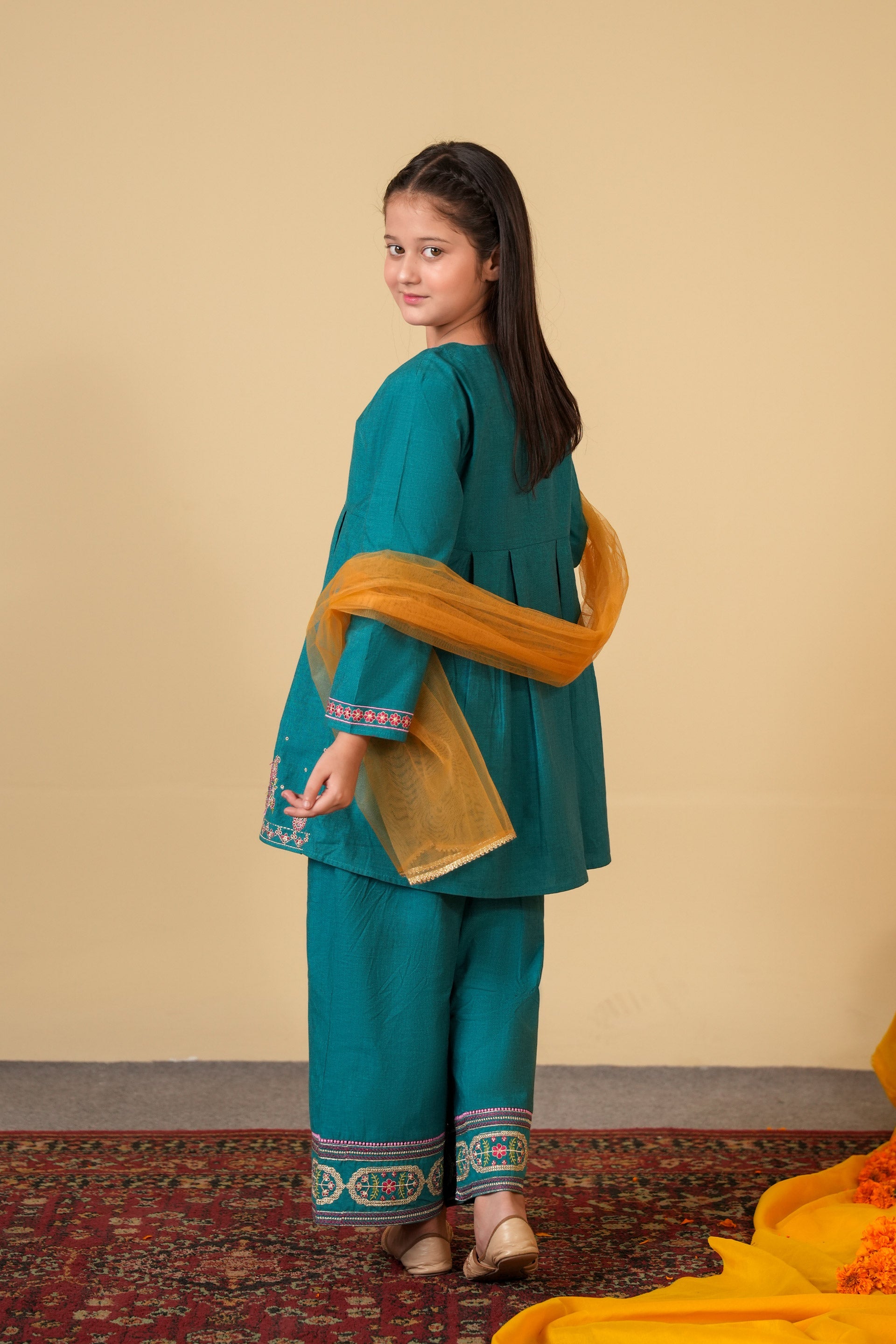 Girls Teal Blue Embroidered 3-Piece Suit – 100% Cotton Summer Wear