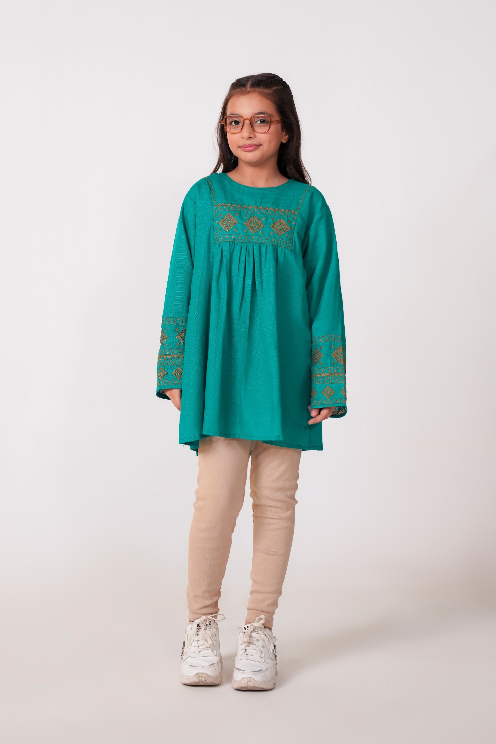 Teal Green Cotton Embroidered Top | Girls Winter Ethnic Wear
