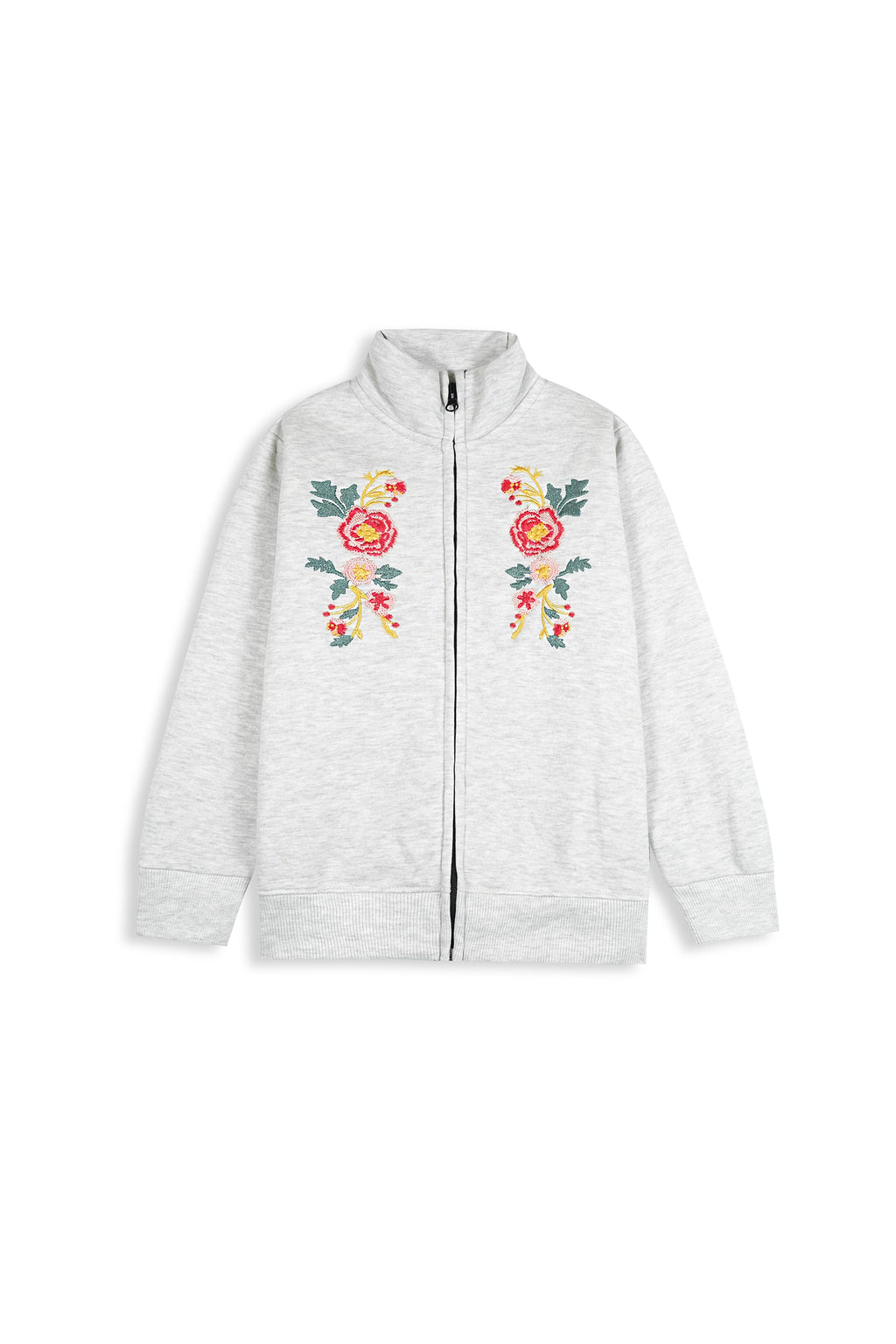 Light Grey Embroidered Zip-Up Sweatshirt | Girls Winter Fleece Jacket