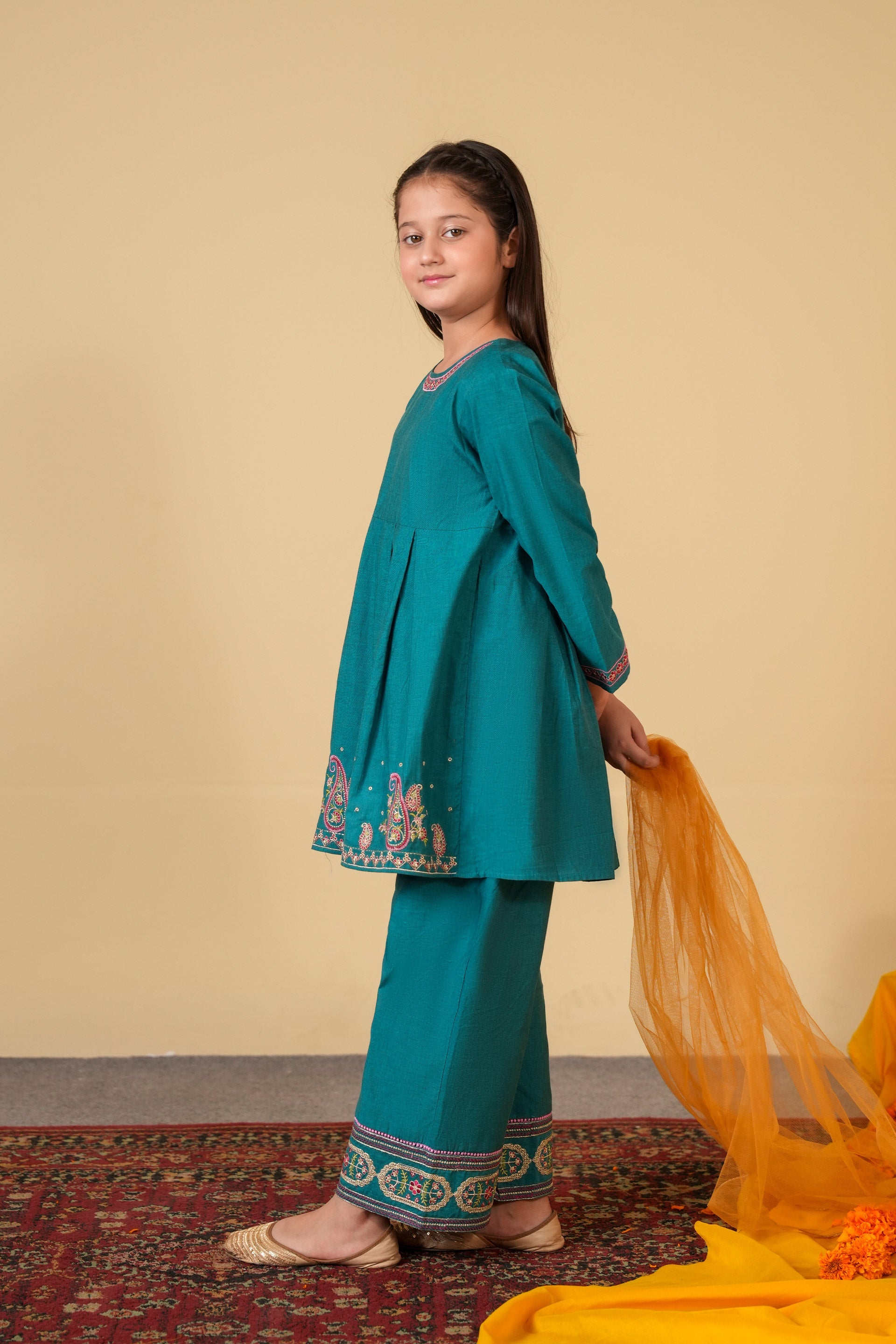 Girls Teal Blue Embroidered 3-Piece Suit – 100% Cotton Summer Wear