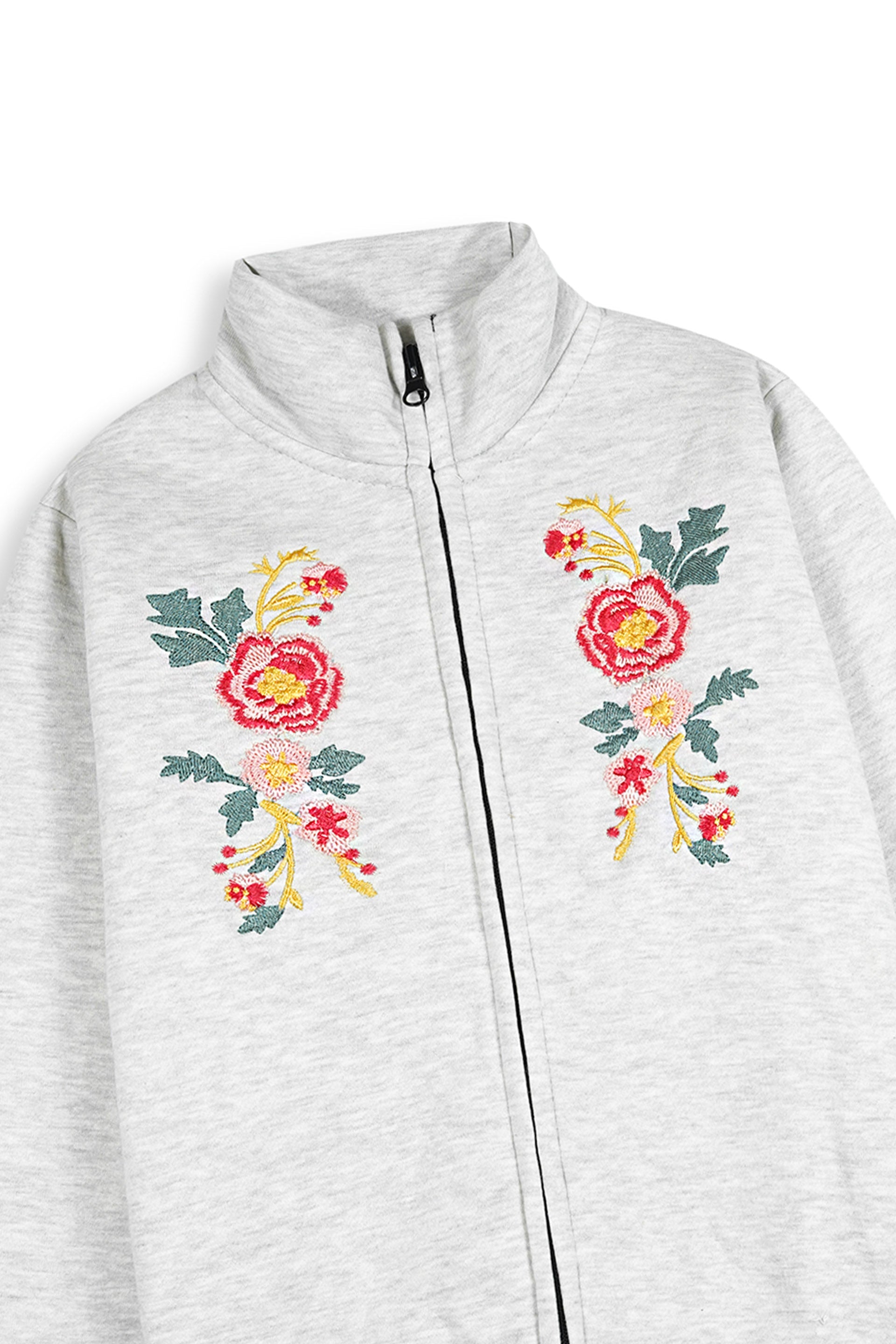 Light Grey Embroidered Zip-Up Sweatshirt | Girls Winter Fleece Jacket