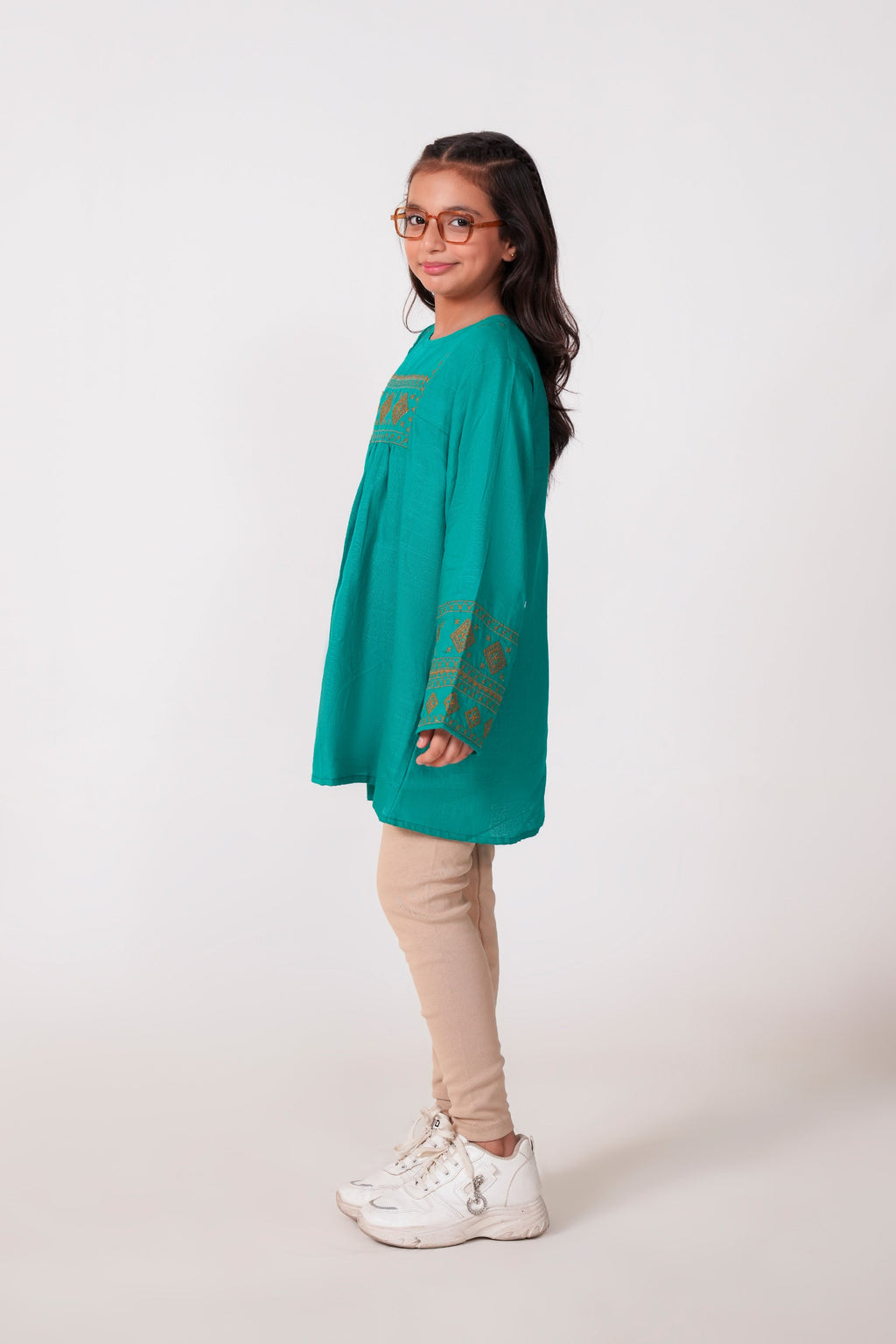 Teal Green Cotton Embroidered Top | Girls Winter Ethnic Wear
