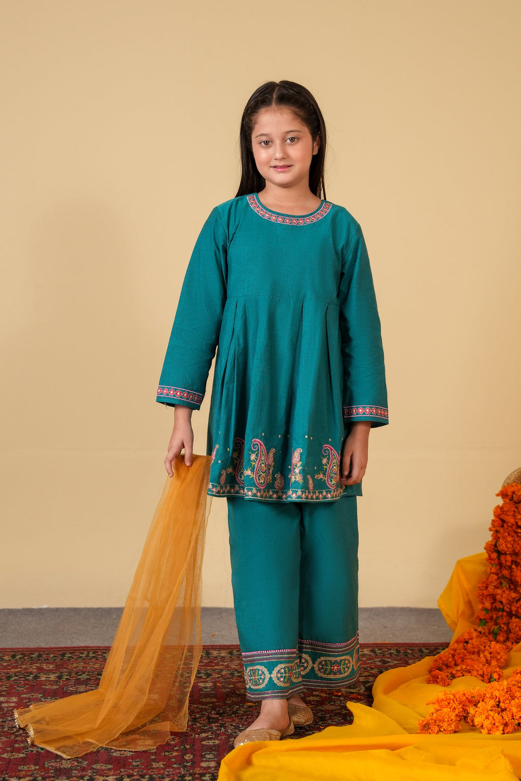 Girls Teal Blue Embroidered 3-Piece Suit – 100% Cotton Summer Wear