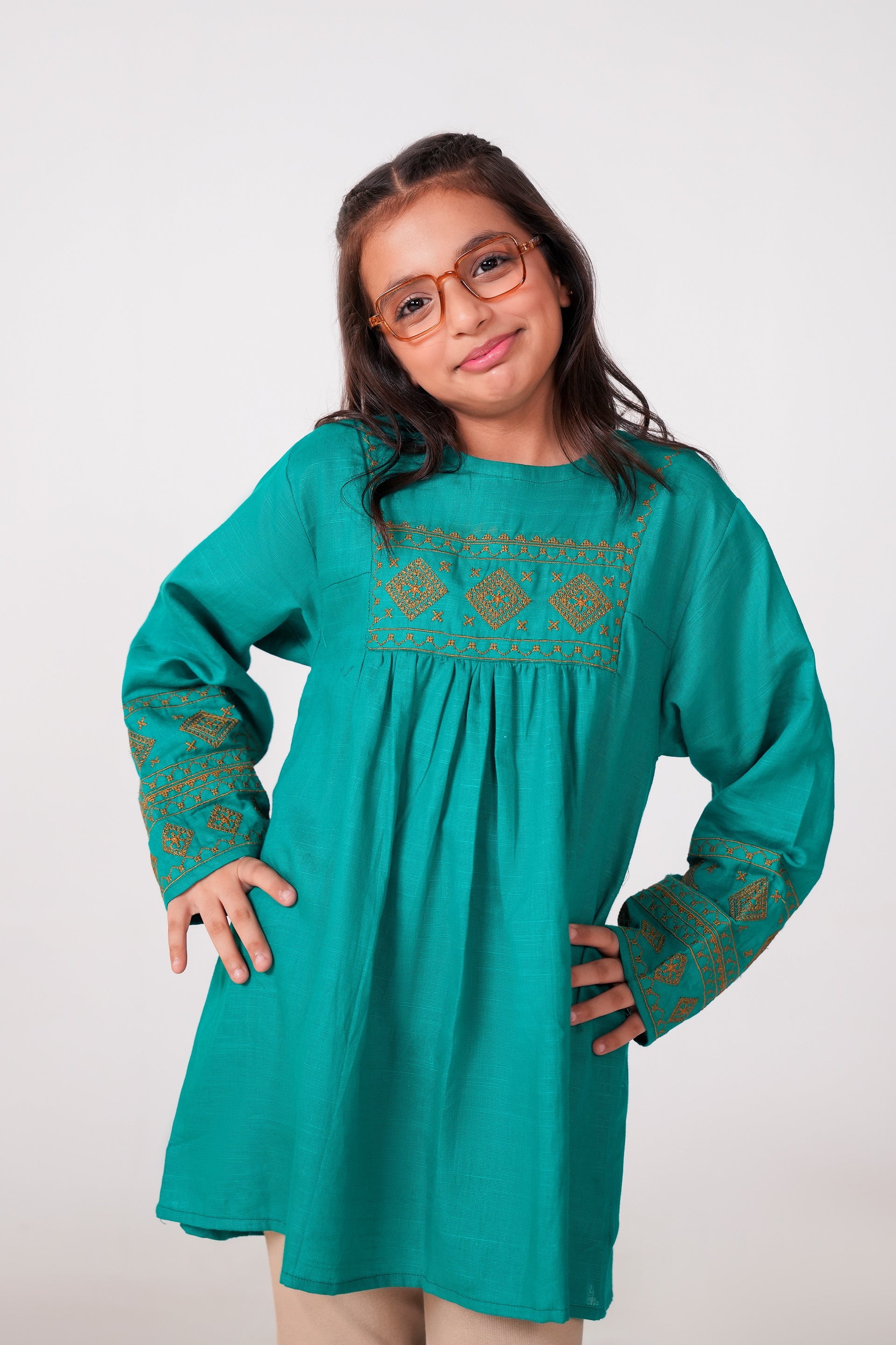 Teal Green Cotton Embroidered Top | Girls Winter Ethnic Wear