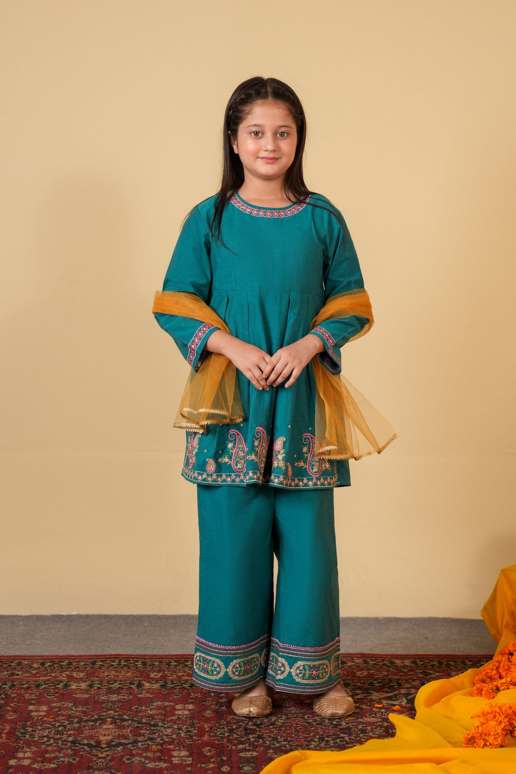 Girls Teal Blue Embroidered 3-Piece Suit – 100% Cotton Summer Wear