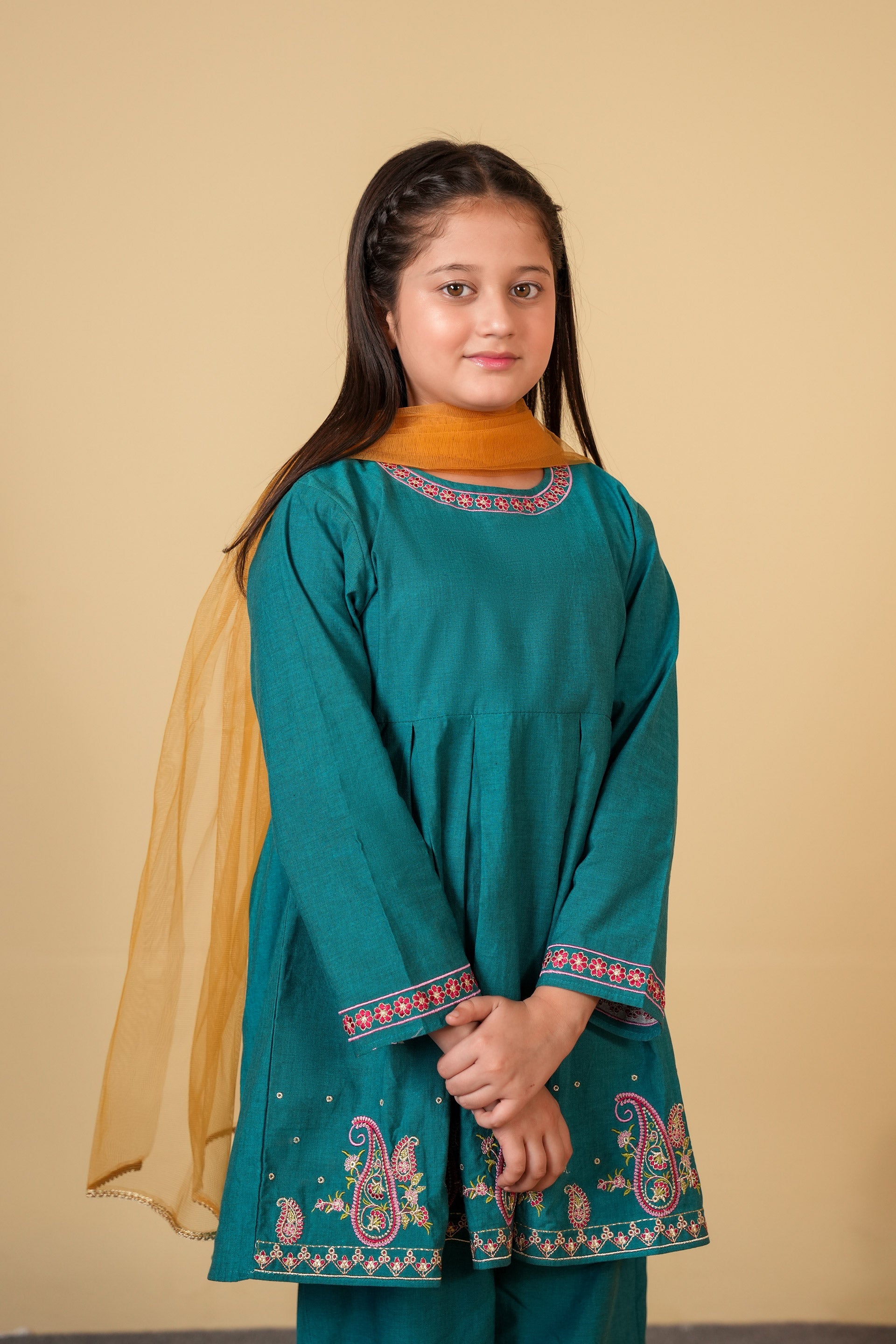 Girls Teal Blue Embroidered 3-Piece Suit – 100% Cotton Summer Wear
