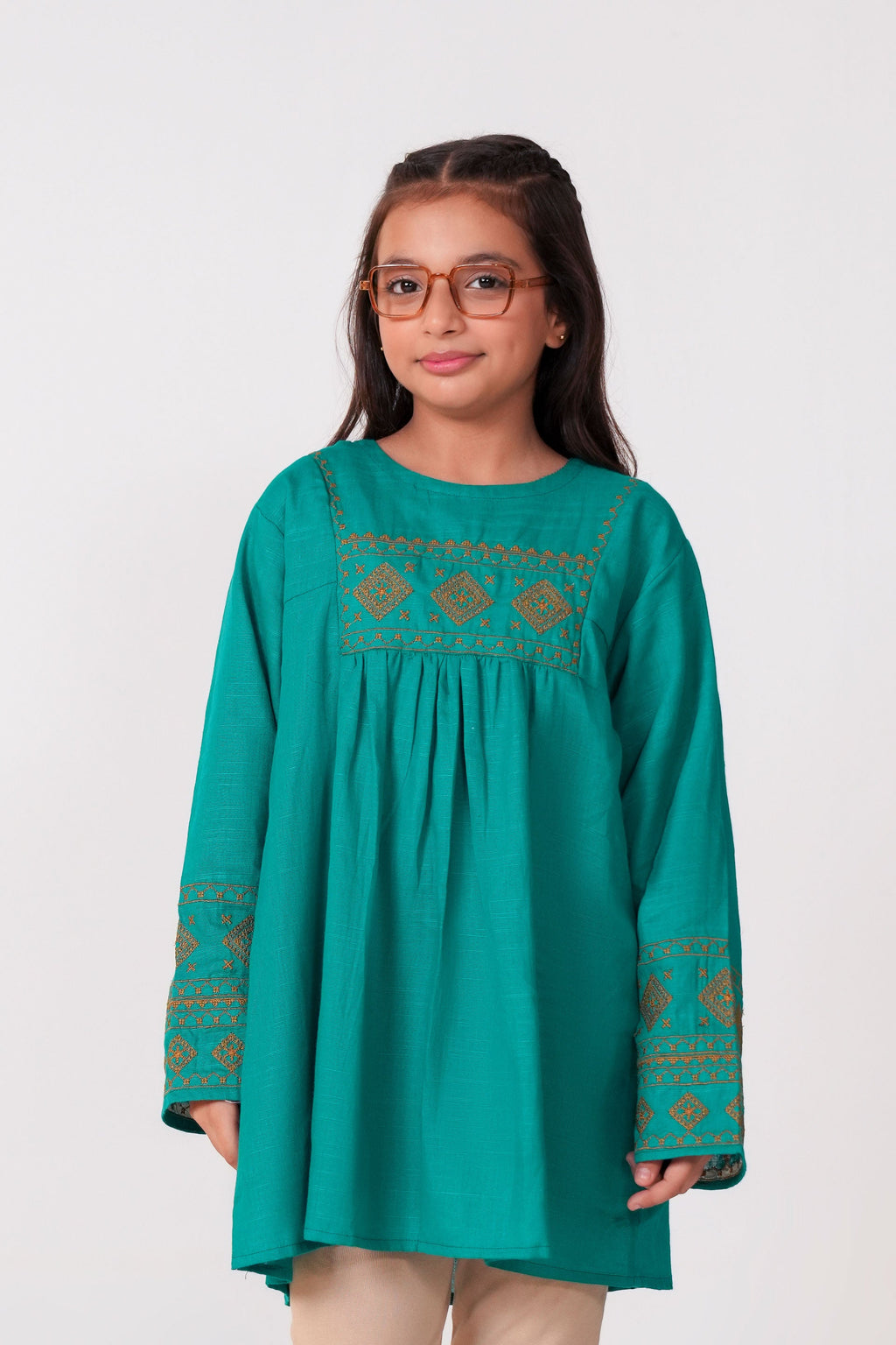 Teal Green Cotton Embroidered Top | Girls Winter Ethnic Wear