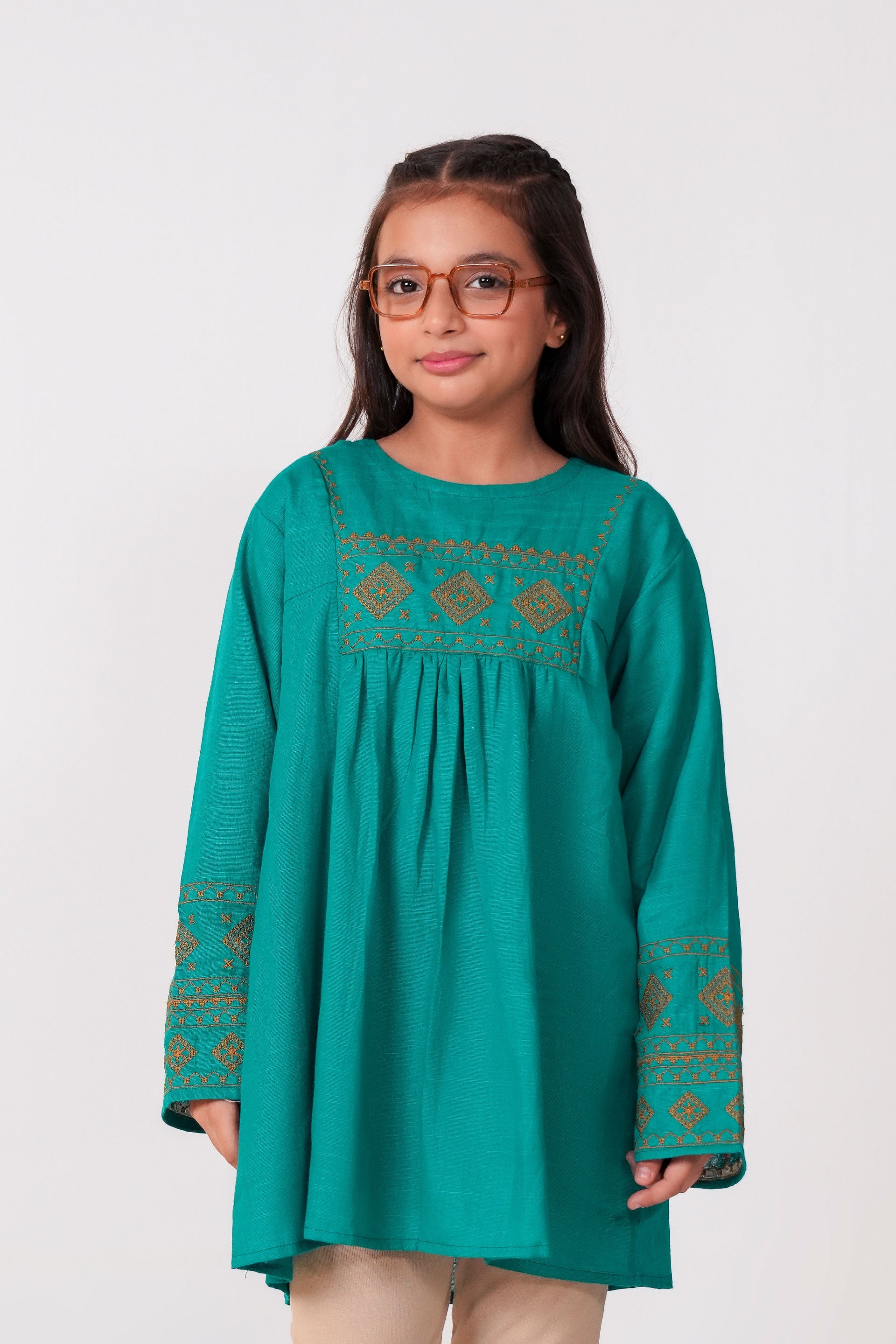 Teal Green Cotton Embroidered Top | Girls Winter Ethnic Wear