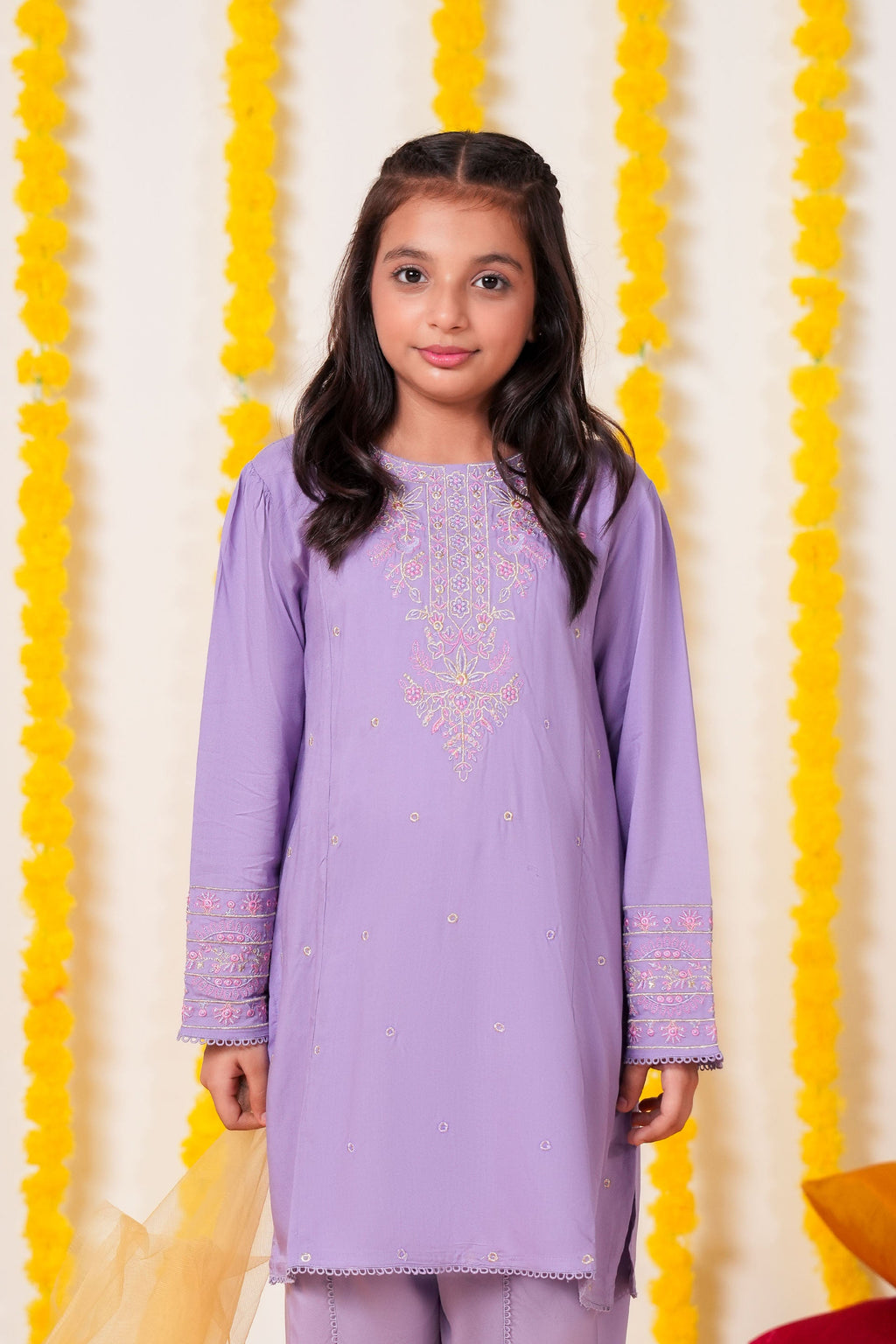 Girls Lavender Cambric Cotton Winter Suit with Gold Tilla Embroidery & Tulip Trouser