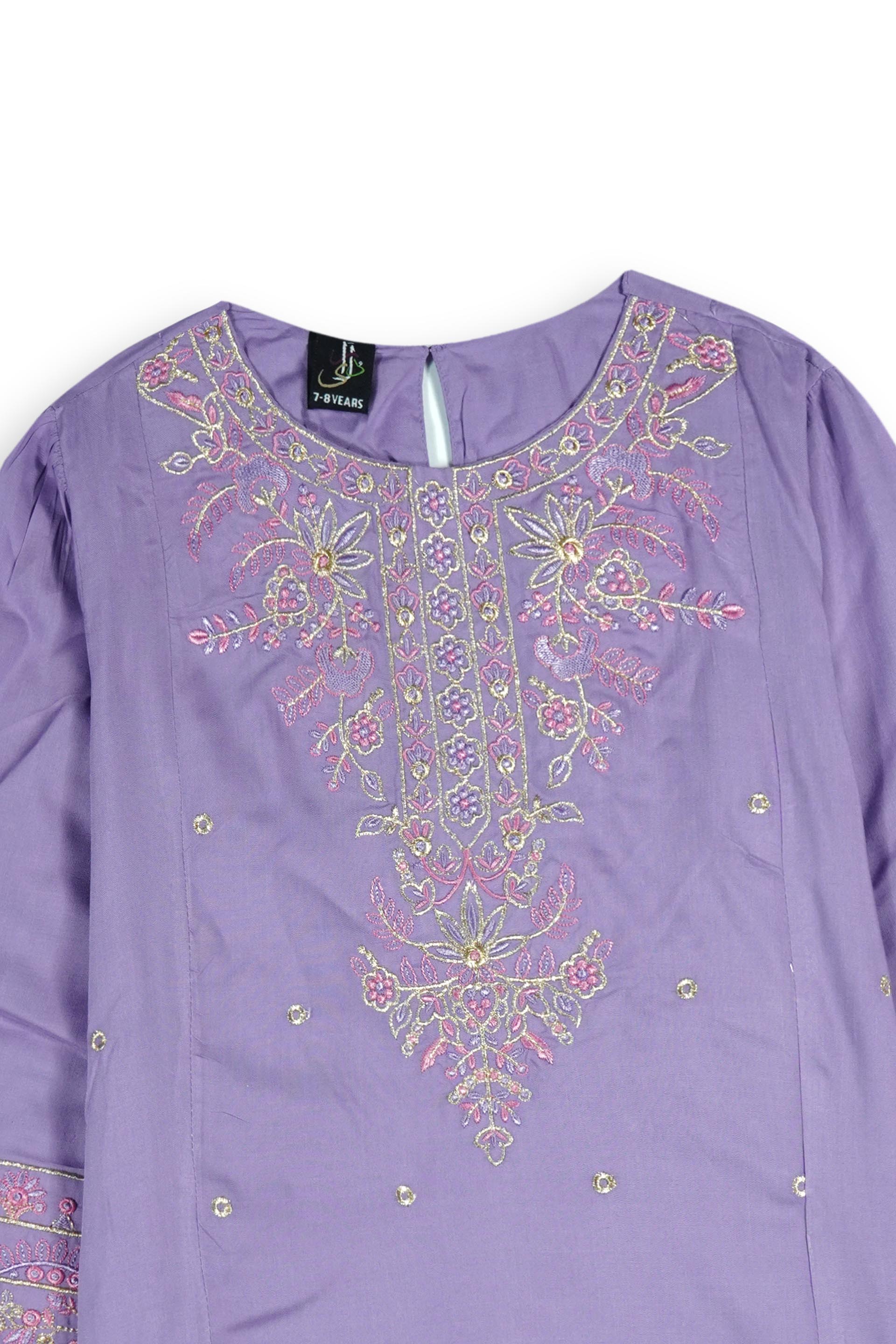 Girls Lavender Cambric Cotton Winter Suit with Gold Tilla Embroidery & Tulip Trouser