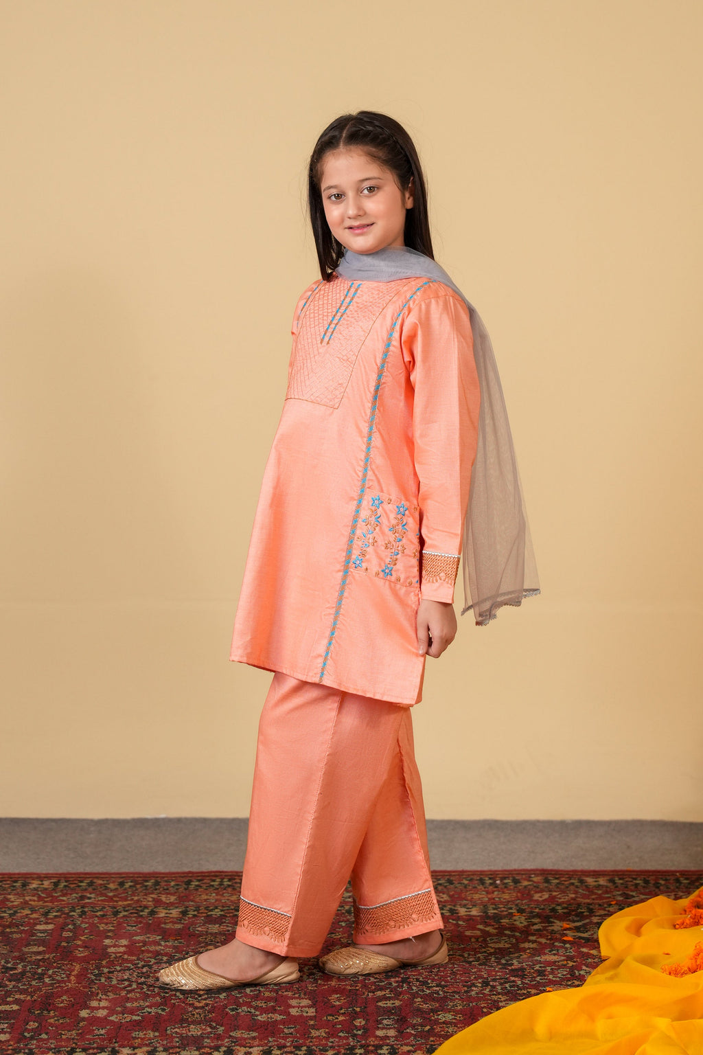 Peach Embroidered 3-Piece Cotton Suit for Girls
