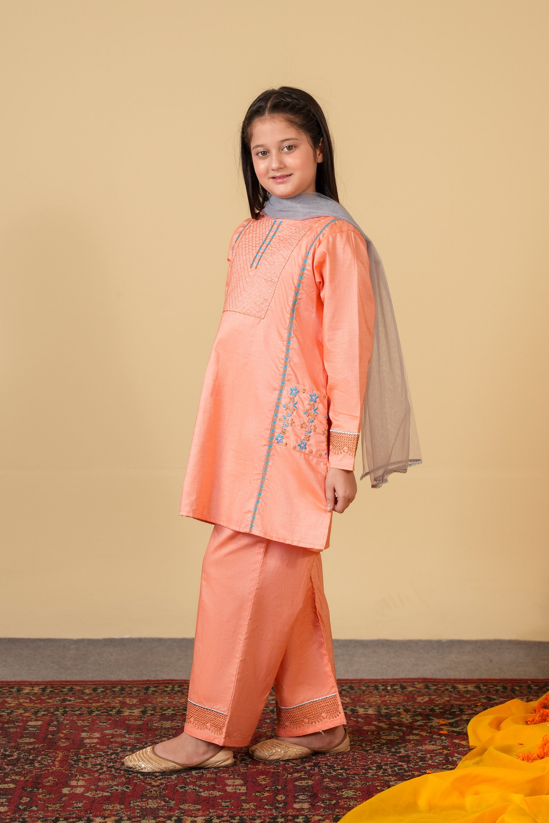 Peach Embroidered 3-Piece Cotton Suit for Girls