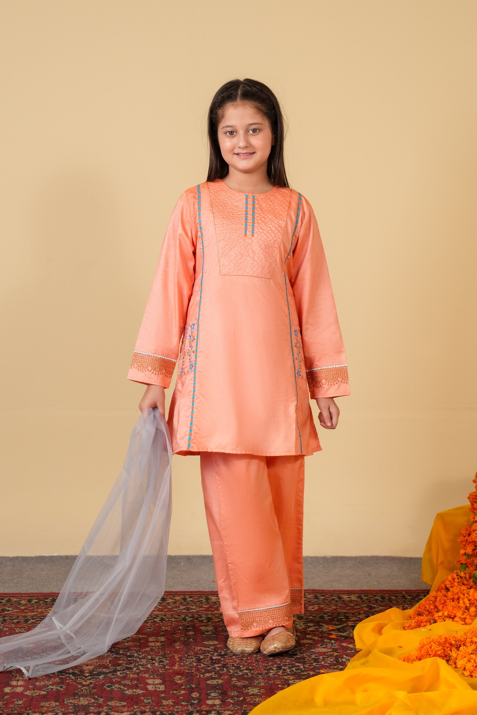 Peach Embroidered 3-Piece Cotton Suit for Girls