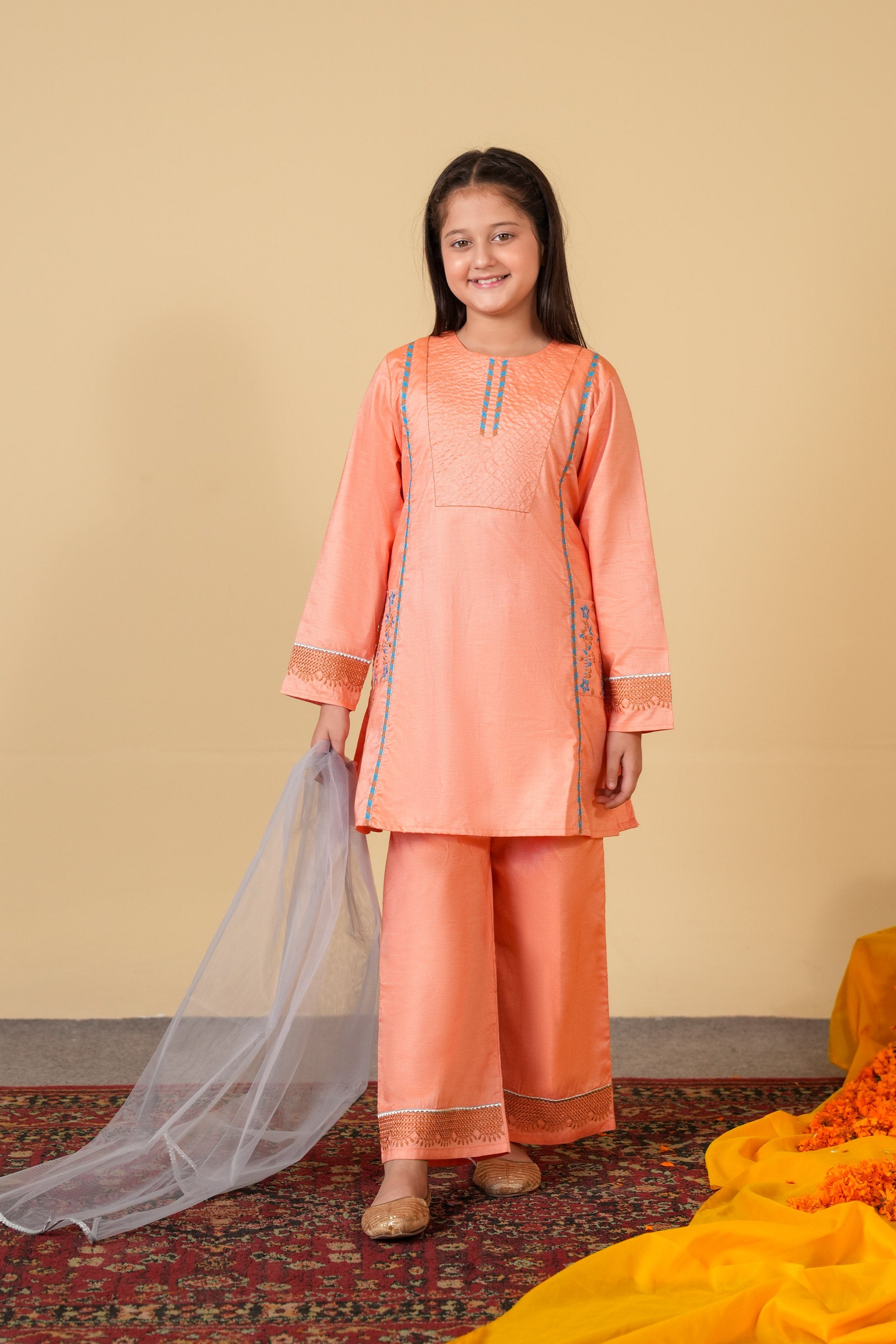 Peach Embroidered 3-Piece Cotton Suit for Girls