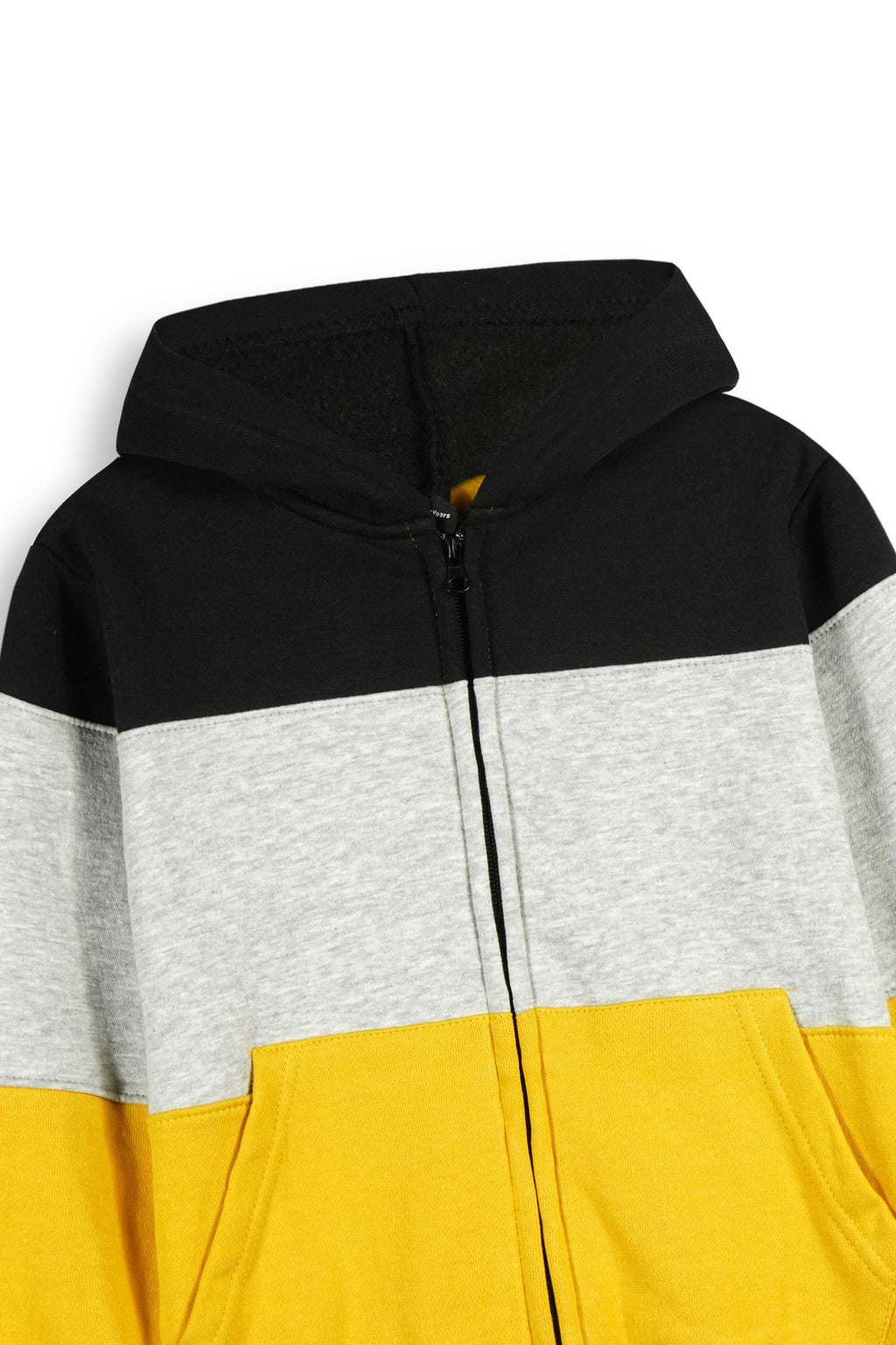 Kids Black-Grey-Yellow Color-Block Zip-Up Hoodie – 100% Cotton Fleece