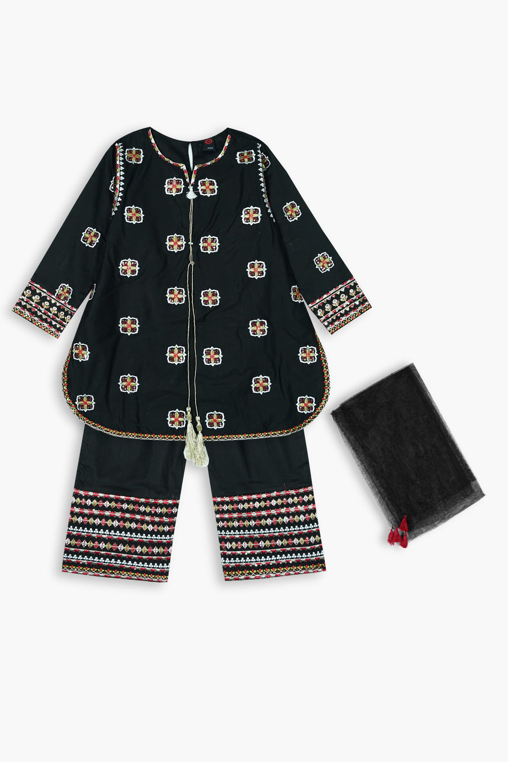 Girls Black Cotton Sequin Embroidered Ethnic Suit with Net Dupatta – Festive & Party Wear