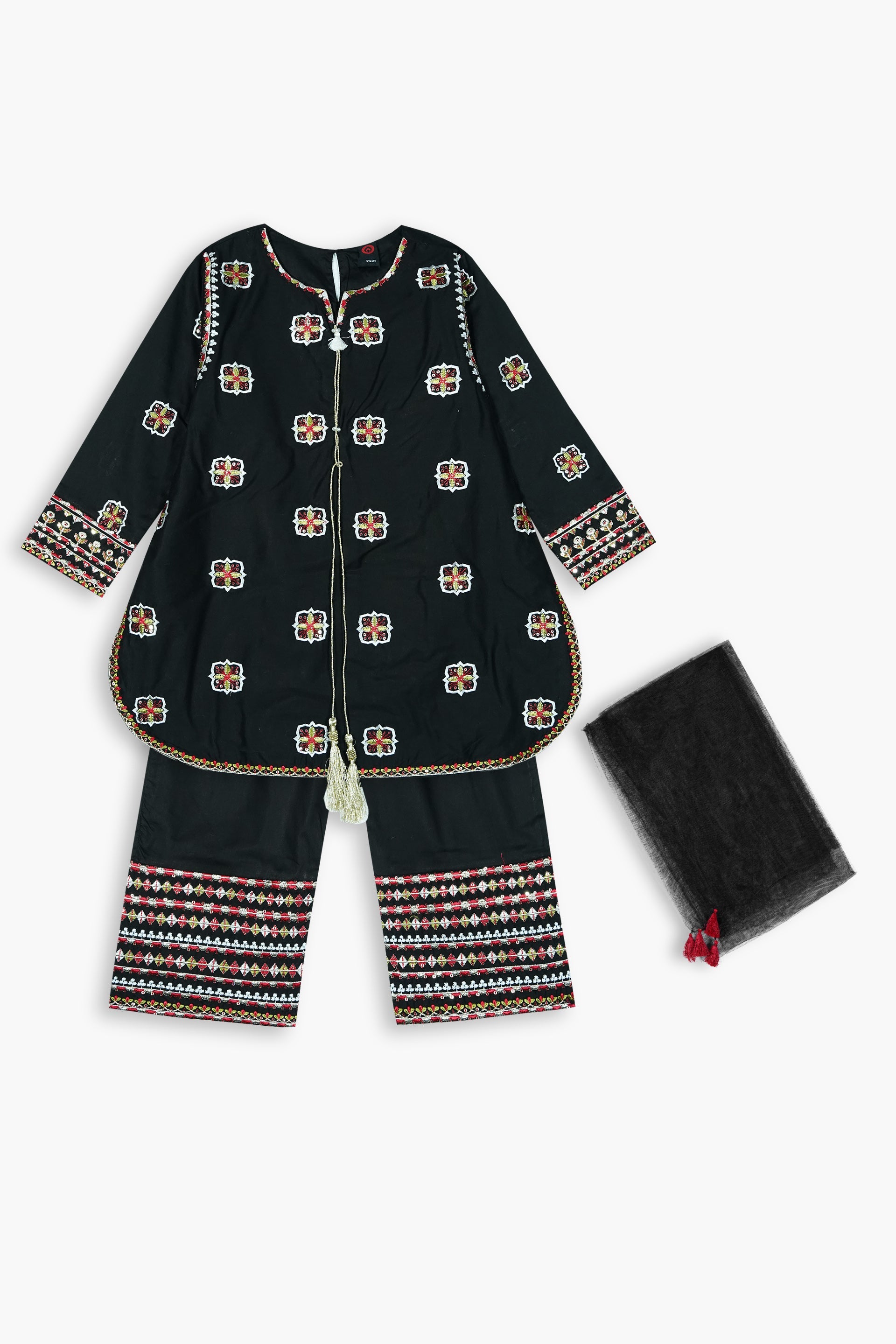 Girls Black Cotton Sequin Embroidered Ethnic Suit with Net Dupatta – Festive & Party Wear
