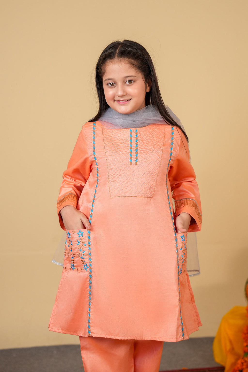 Peach Embroidered 3-Piece Cotton Suit for Girls