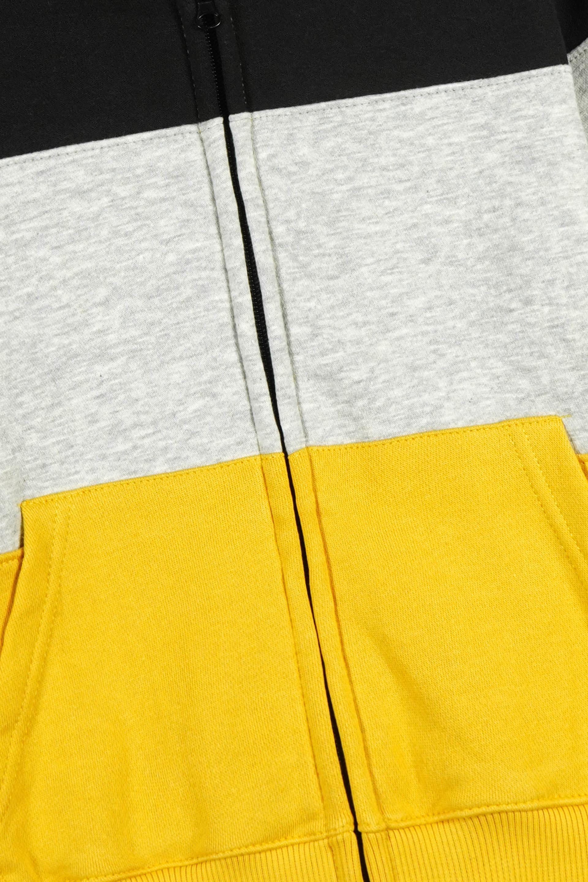 Kids Black-Grey-Yellow Color-Block Zip-Up Hoodie – 100% Cotton Fleece