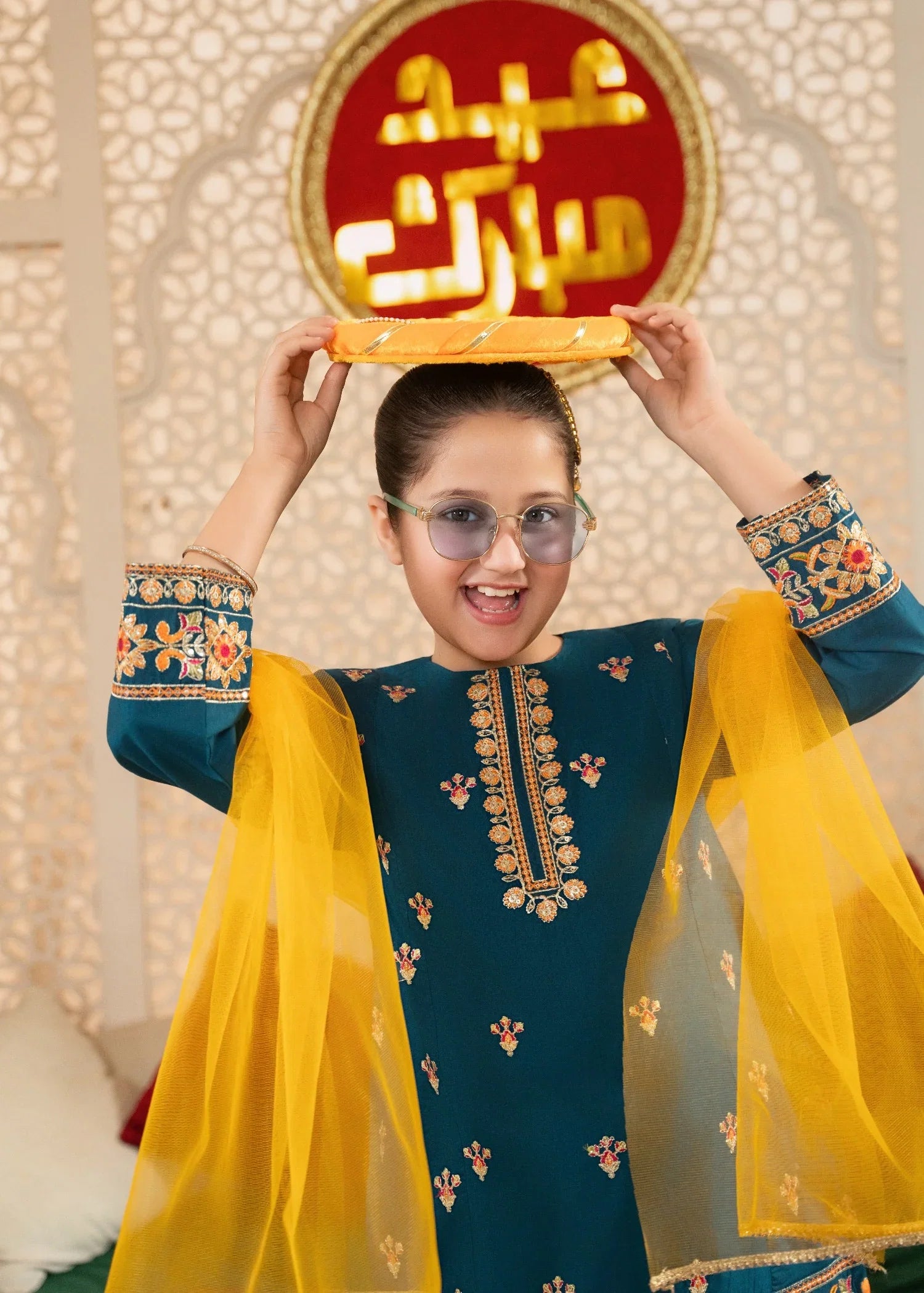 Girls' Festive Teal Embroidered Gharara Set
