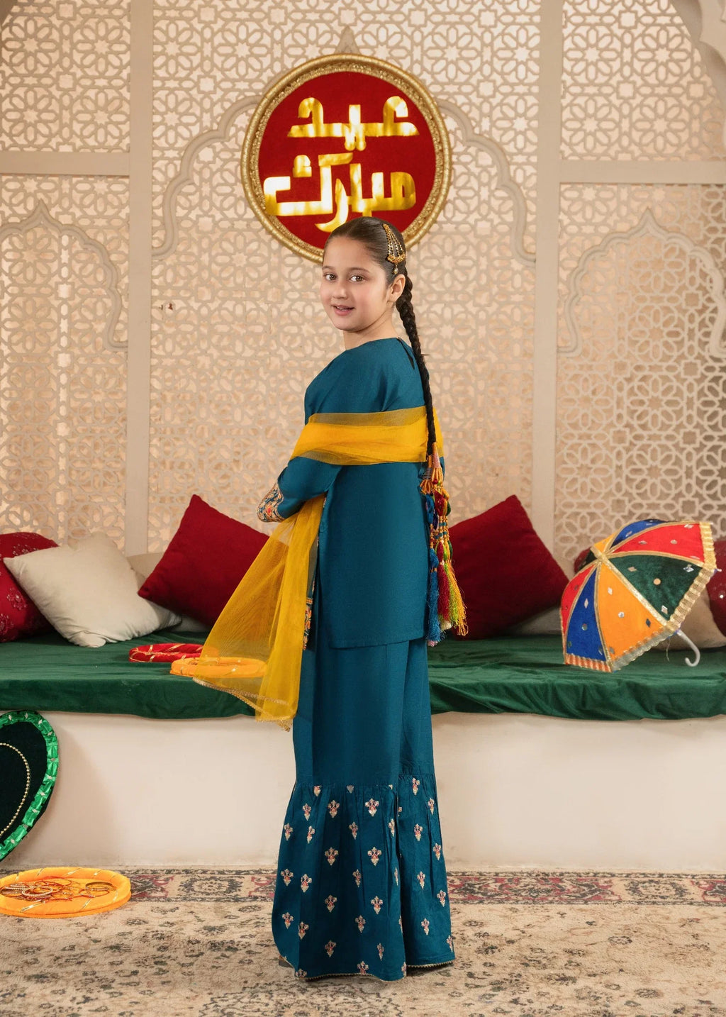 Girls' Festive Teal Embroidered Gharara Set