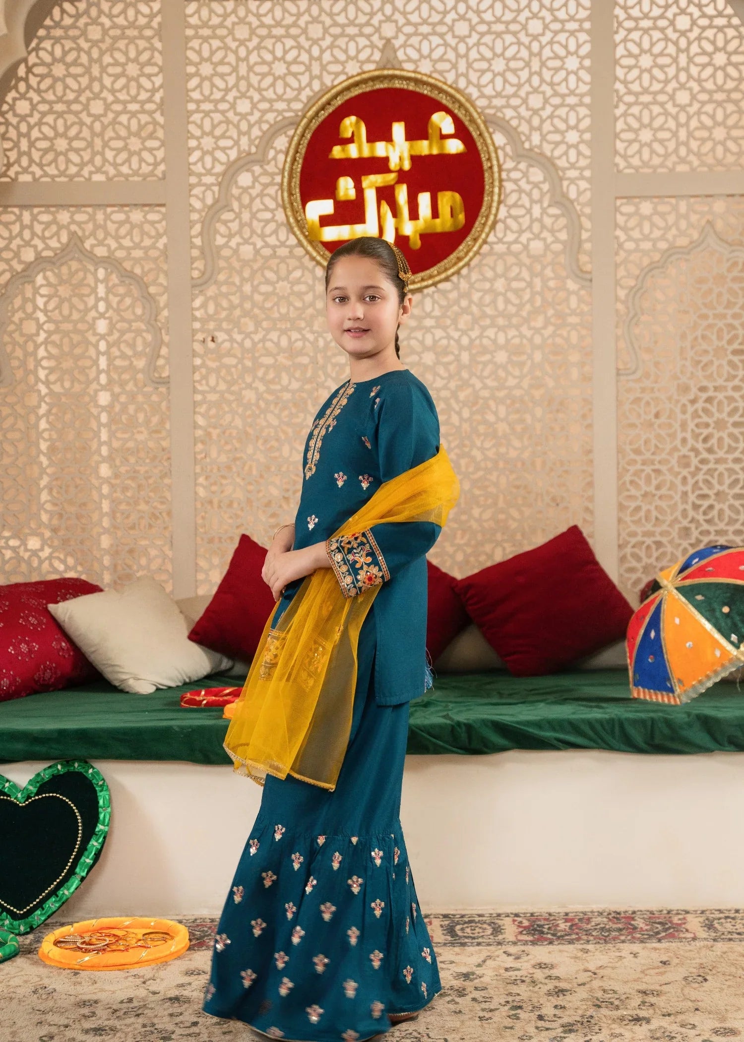 Girls' Festive Teal Embroidered Gharara Set