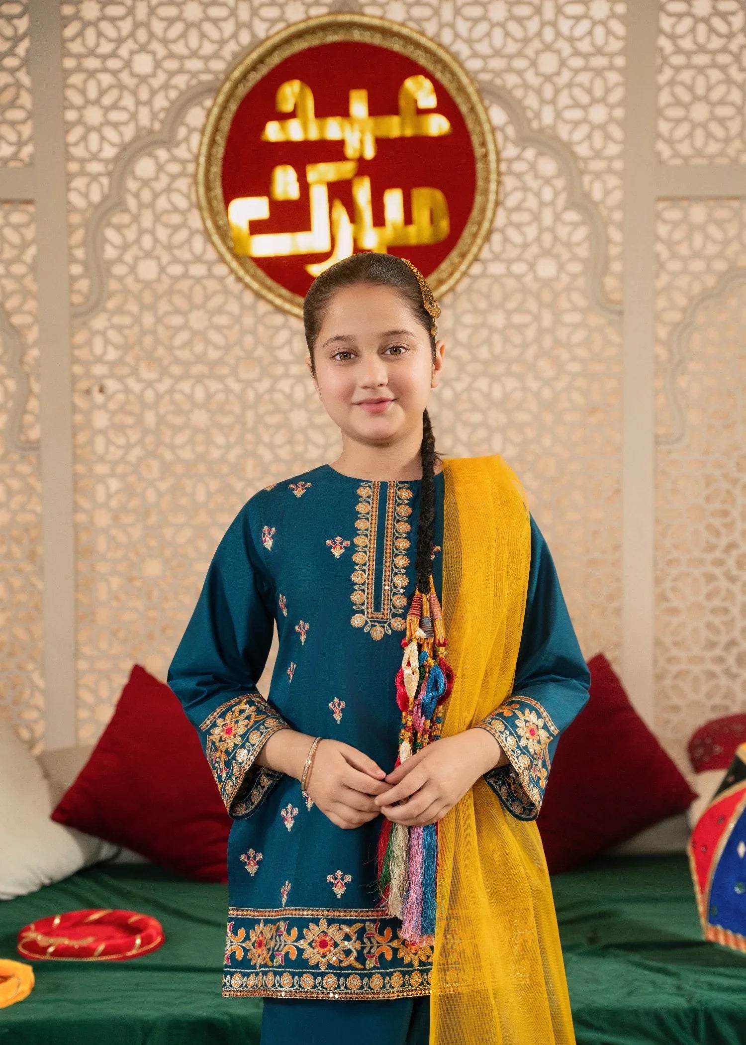 Girls' Festive Teal Embroidered Gharara Set