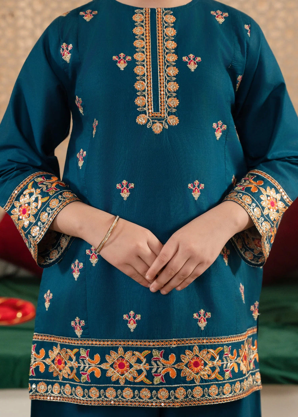 Girls' Festive Teal Embroidered Gharara Set