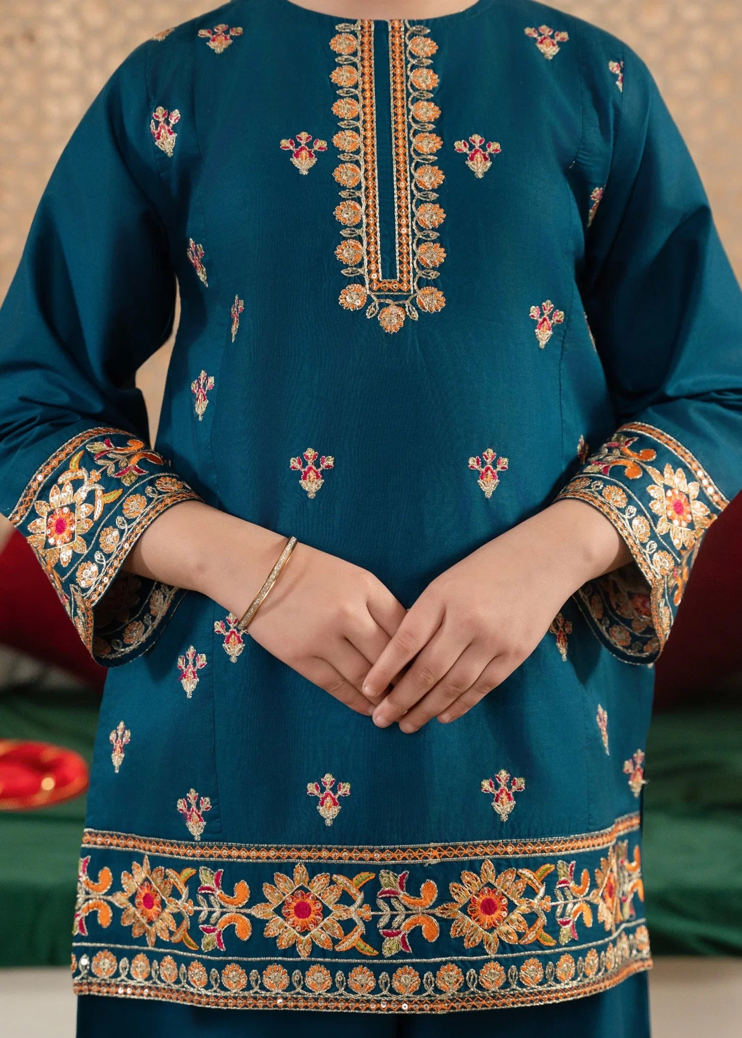 Girls' Festive Teal Embroidered Gharara Set