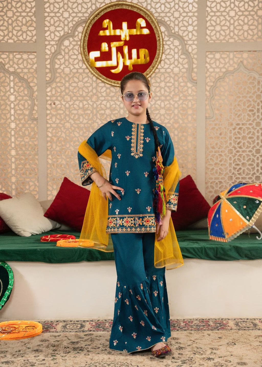 Girls' Festive Teal Embroidered Gharara Set