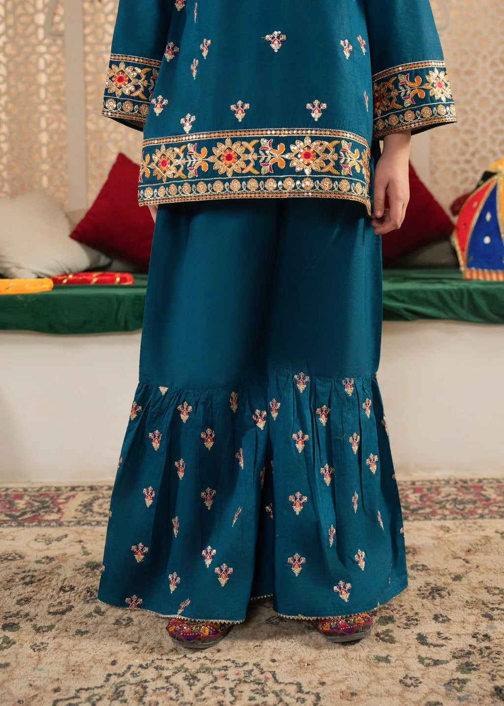 Girls' Festive Teal Embroidered Gharara Set