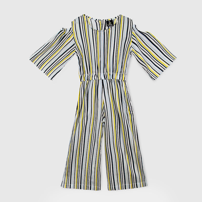 Fashion All Over Stripes Printed Soft Cotton Frill Jumpsuit