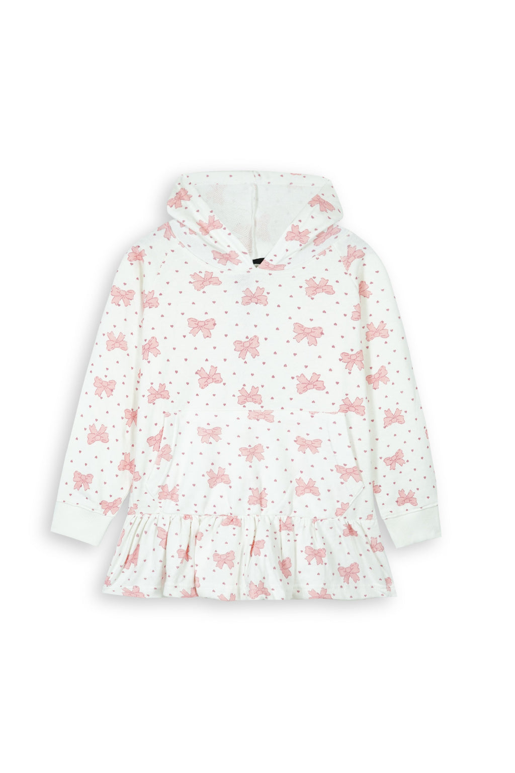 Kids Bows and Mini-Heart Print Frill Hemline Hoodie - 100% Cotton Terry