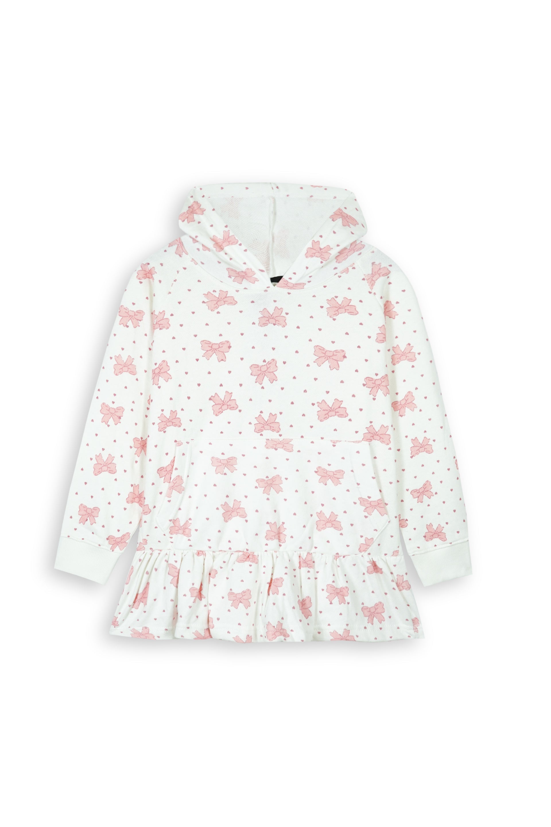 Kids Bows and Mini-Heart Print Frill Hemline Hoodie - 100% Cotton Terry