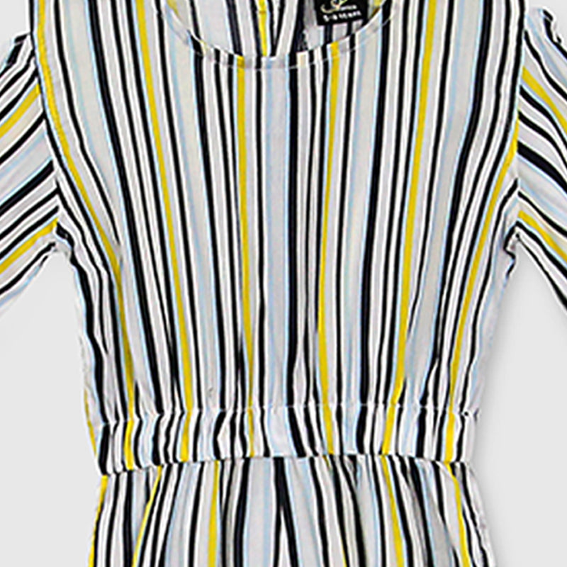 Fashion All Over Stripes Printed Soft Cotton Frill Jumpsuit