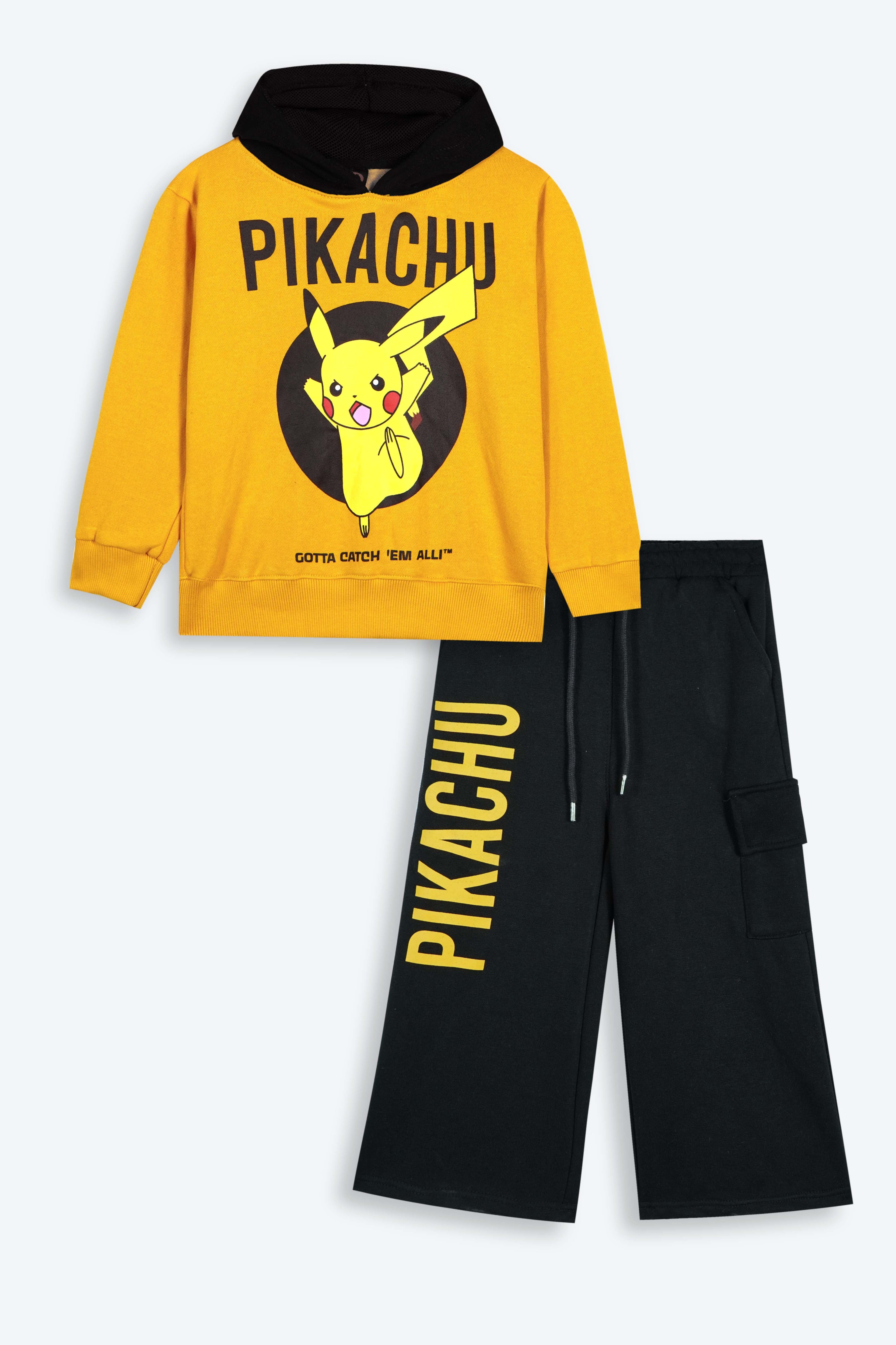 Pokémon Pikachu Girls Tracksuit – Yellow Hoodie & Black Wide-Leg Pants | 100% Cotton Fleece