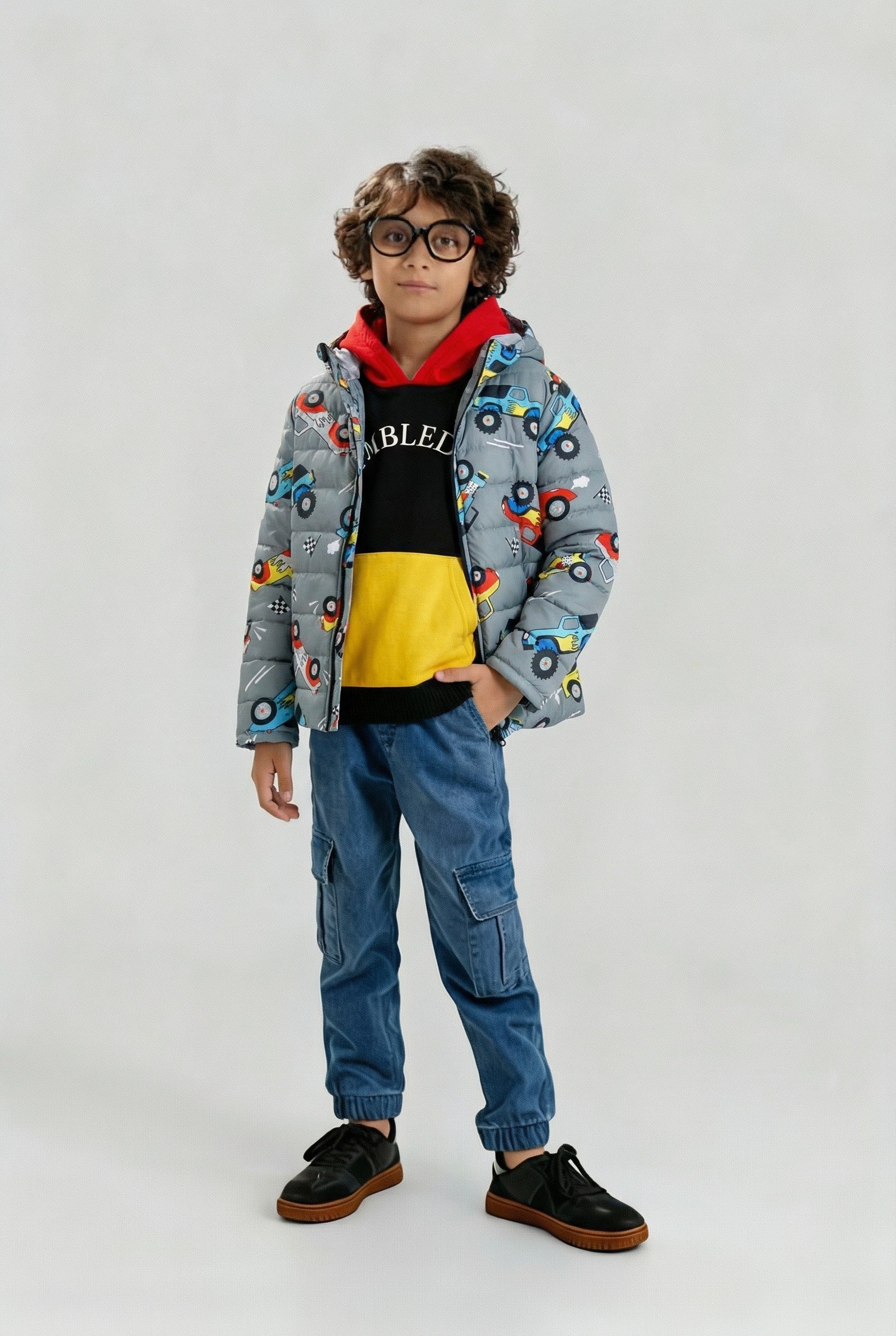 Kids Monster Truck Print Puffer Jacket – Ultra Warm Winter Wear