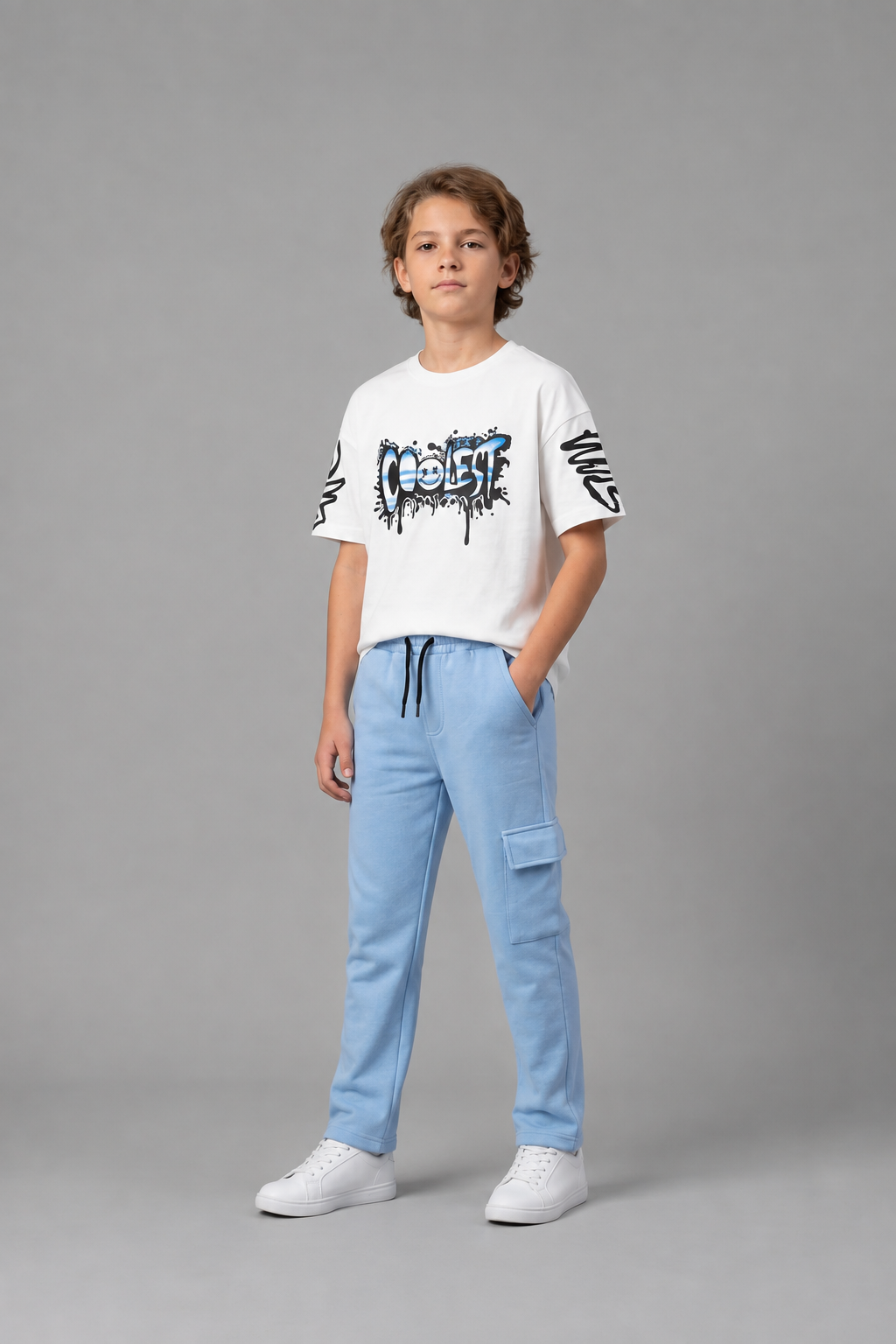 Boys “Coolest” Graphic T-Shirt & Blue Joggers Set – Stylish Casual Kids Wear