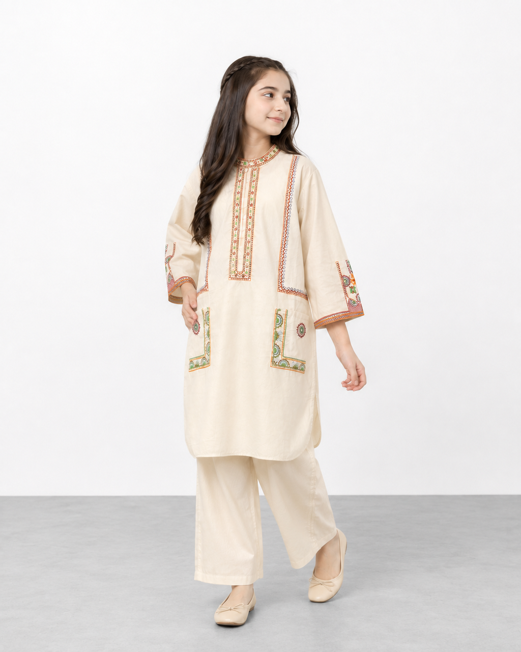 Girls Premium Embroidered Ivory Cotton Kurta & Trouser Set | Traditional Ethnic 2-Piece Outfit