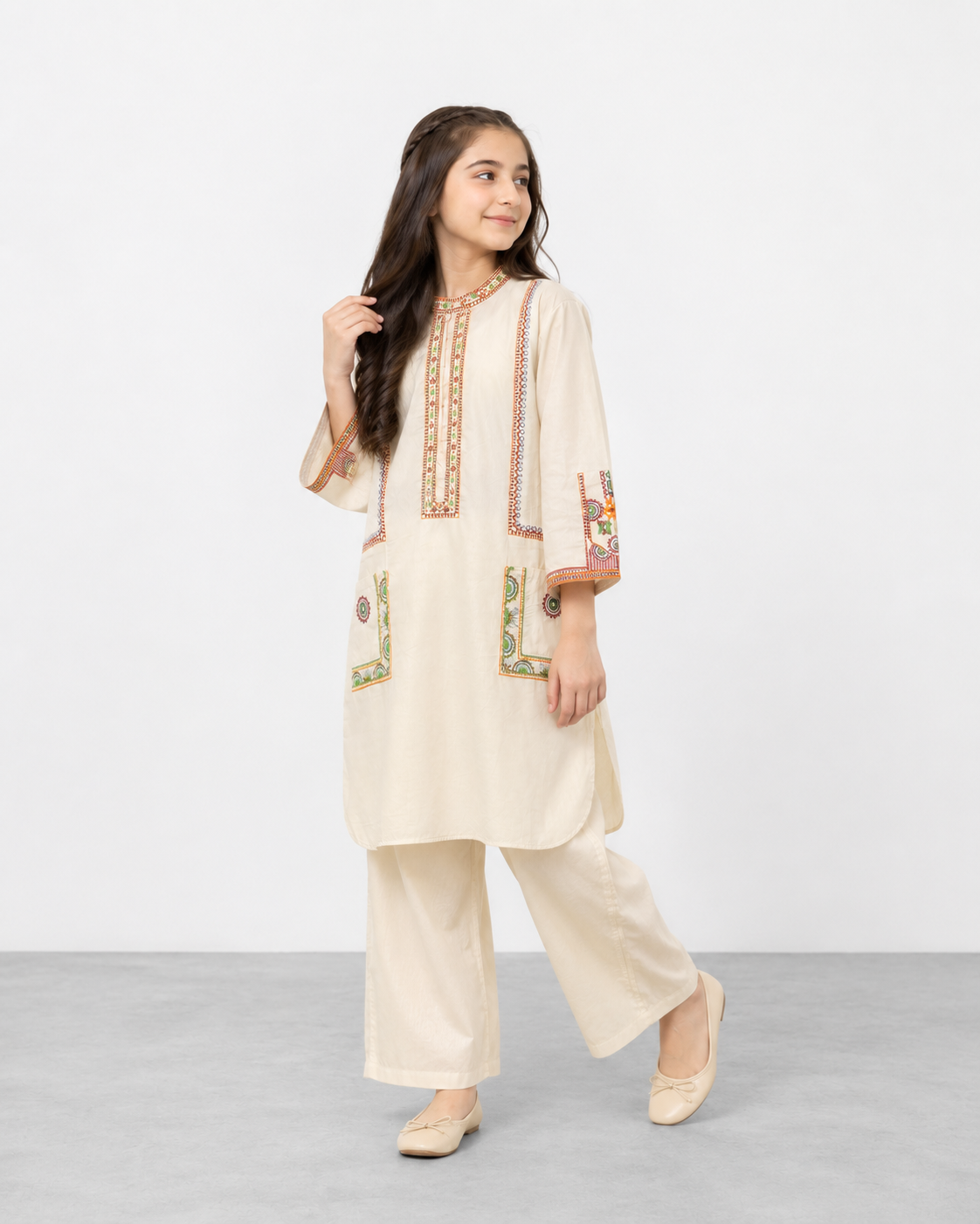 Girls Premium Embroidered Ivory Cotton Kurta & Trouser Set | Traditional Ethnic 2-Piece Outfit