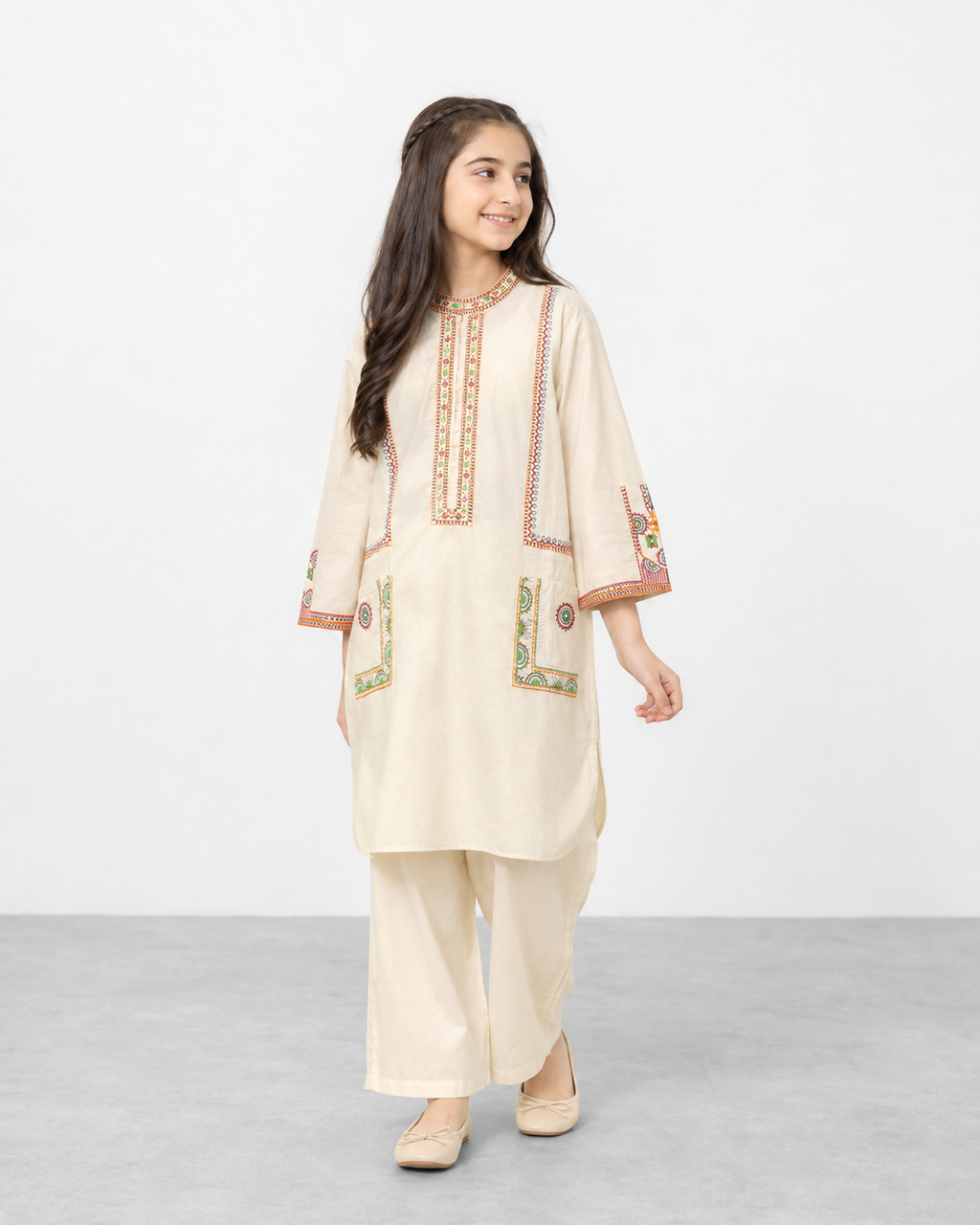Girls Premium Embroidered Ivory Cotton Kurta & Trouser Set | Traditional Ethnic 2-Piece Outfit