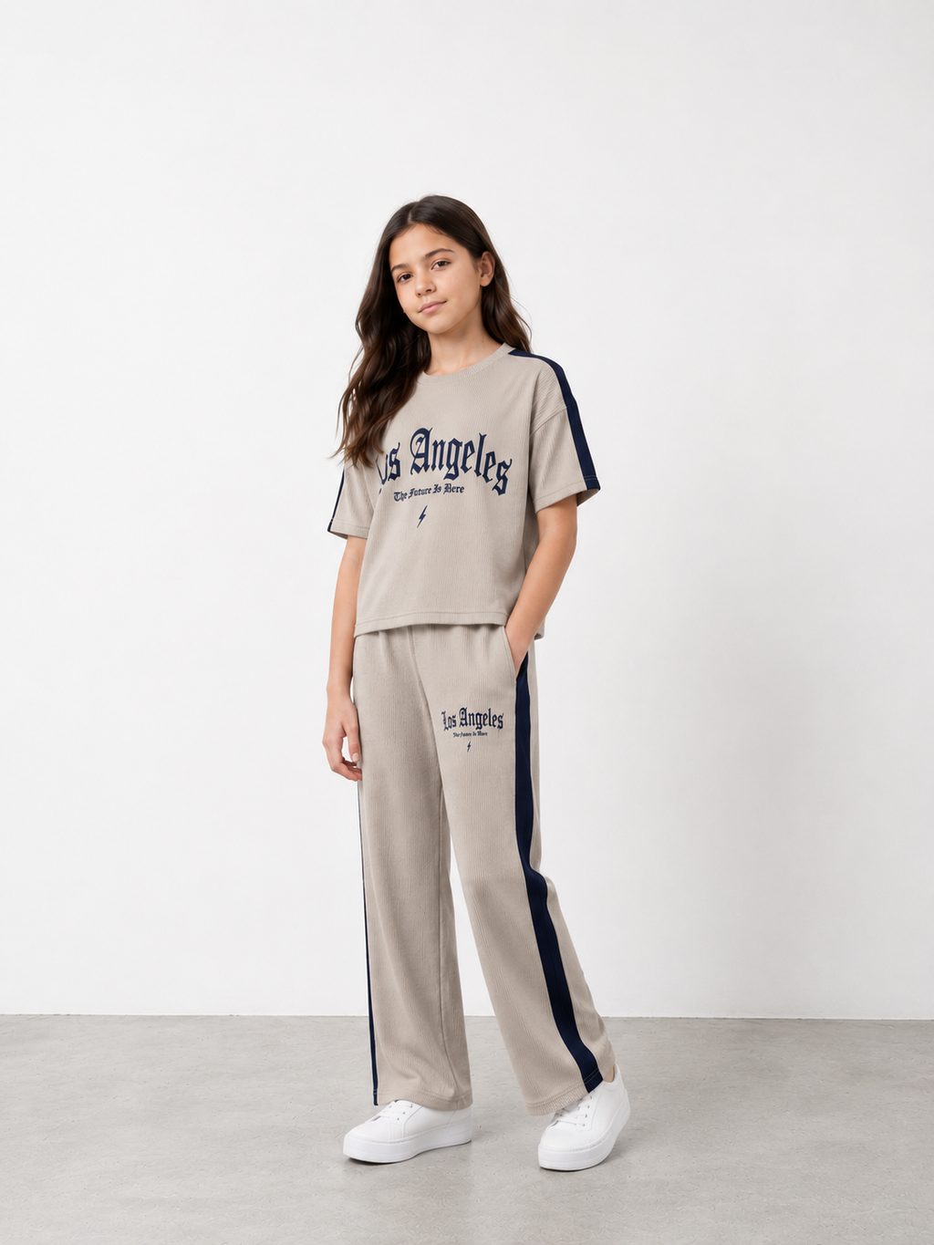 Girls Beige Ribbed Two Piece Set – Los Angeles Graphic Tee & Side Stripe Pants