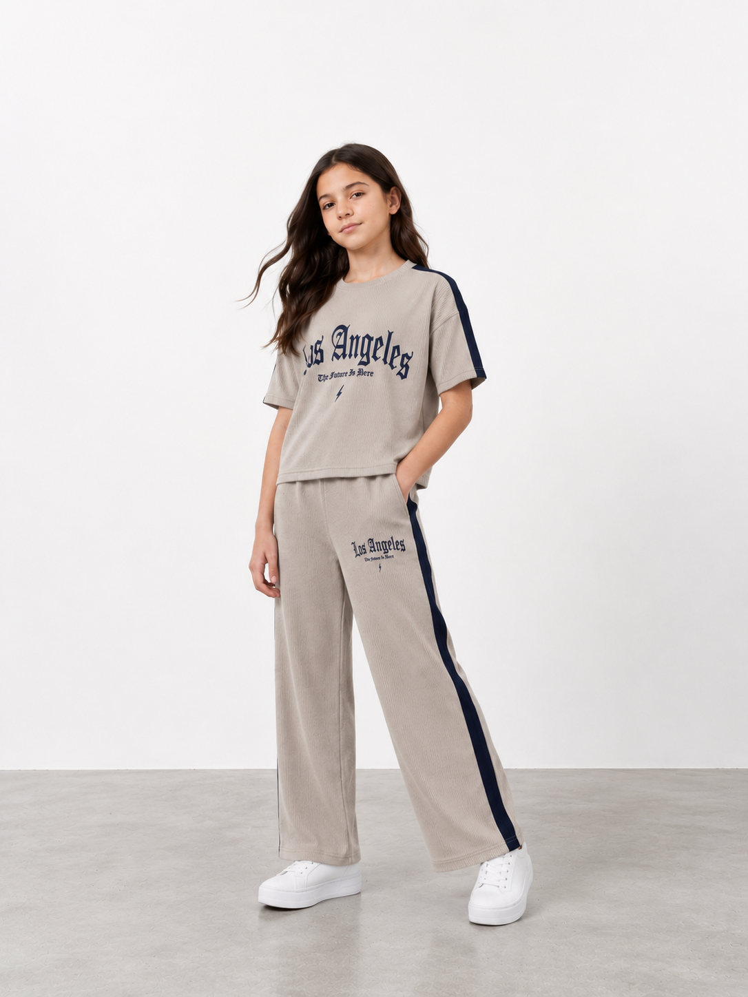 Girls Beige Ribbed Two Piece Set – Los Angeles Graphic Tee & Side Stripe Pants
