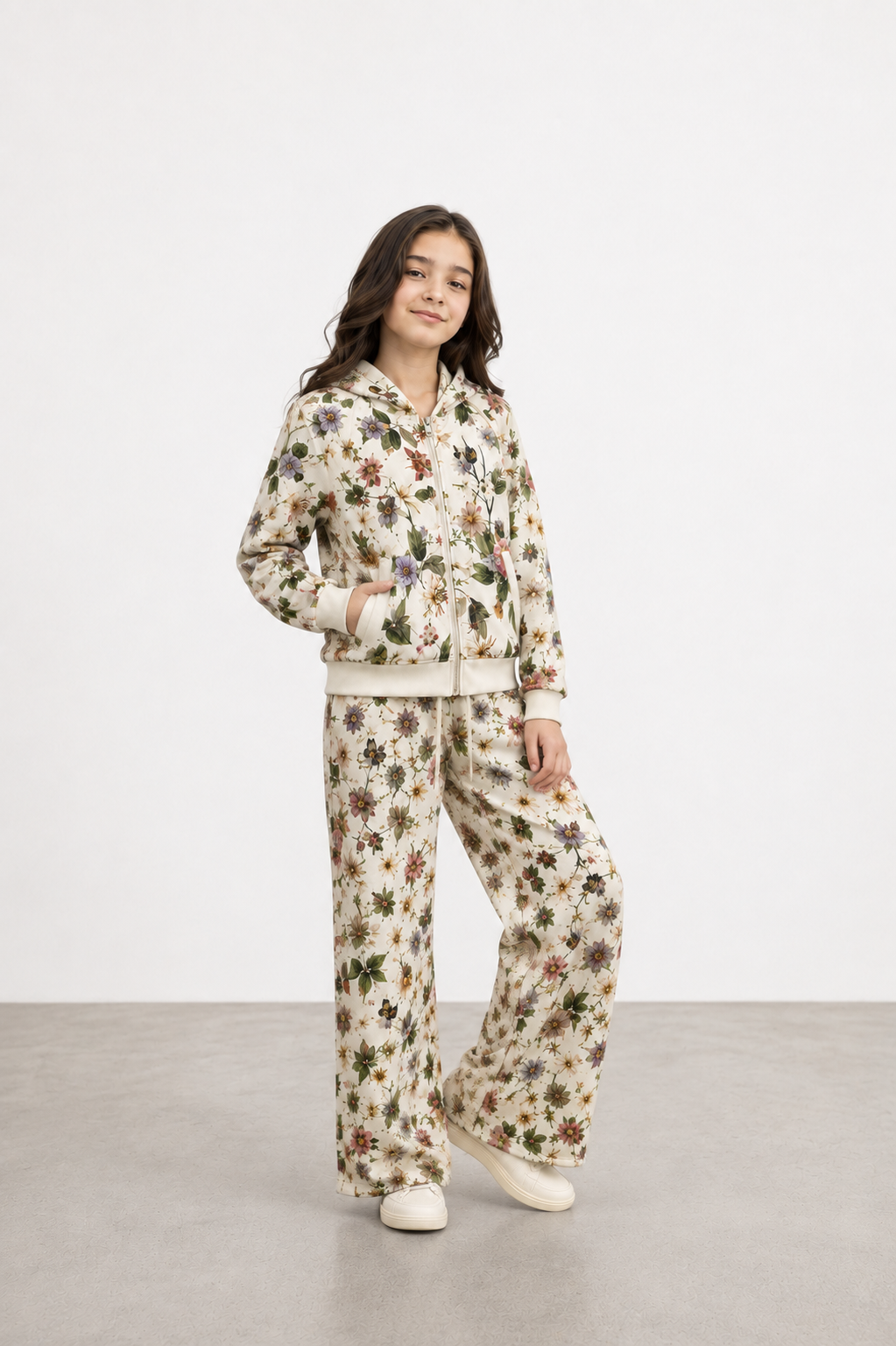 Girls Digital Print Zip-Up Hoodie & Wide Leg Co-Ord Set – Premium Cotton Terry Kids Tracksuit
