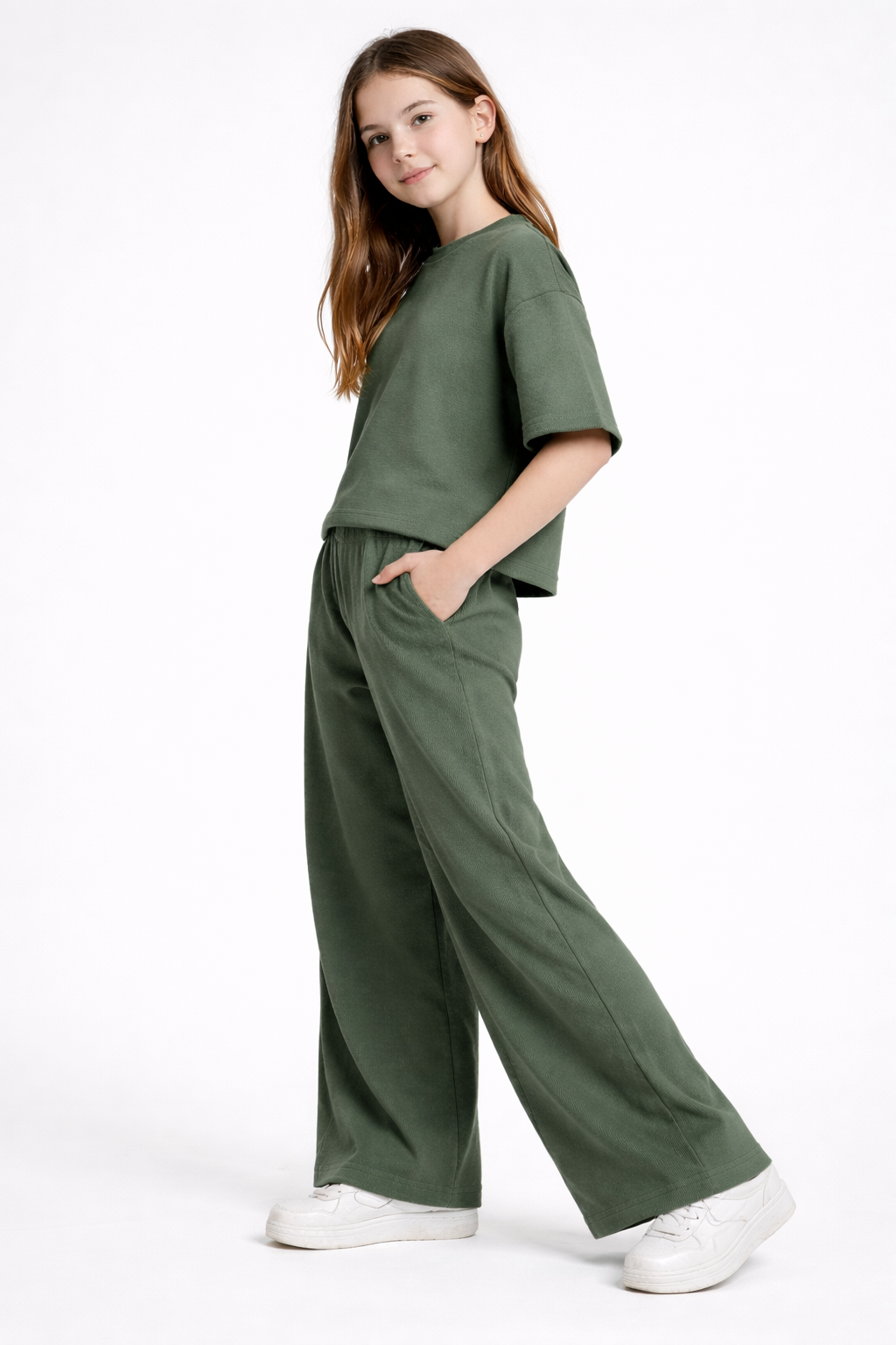 Effortless Summer Cool | Girls' Green Ribbed Knit Oversized Co-Ord Set