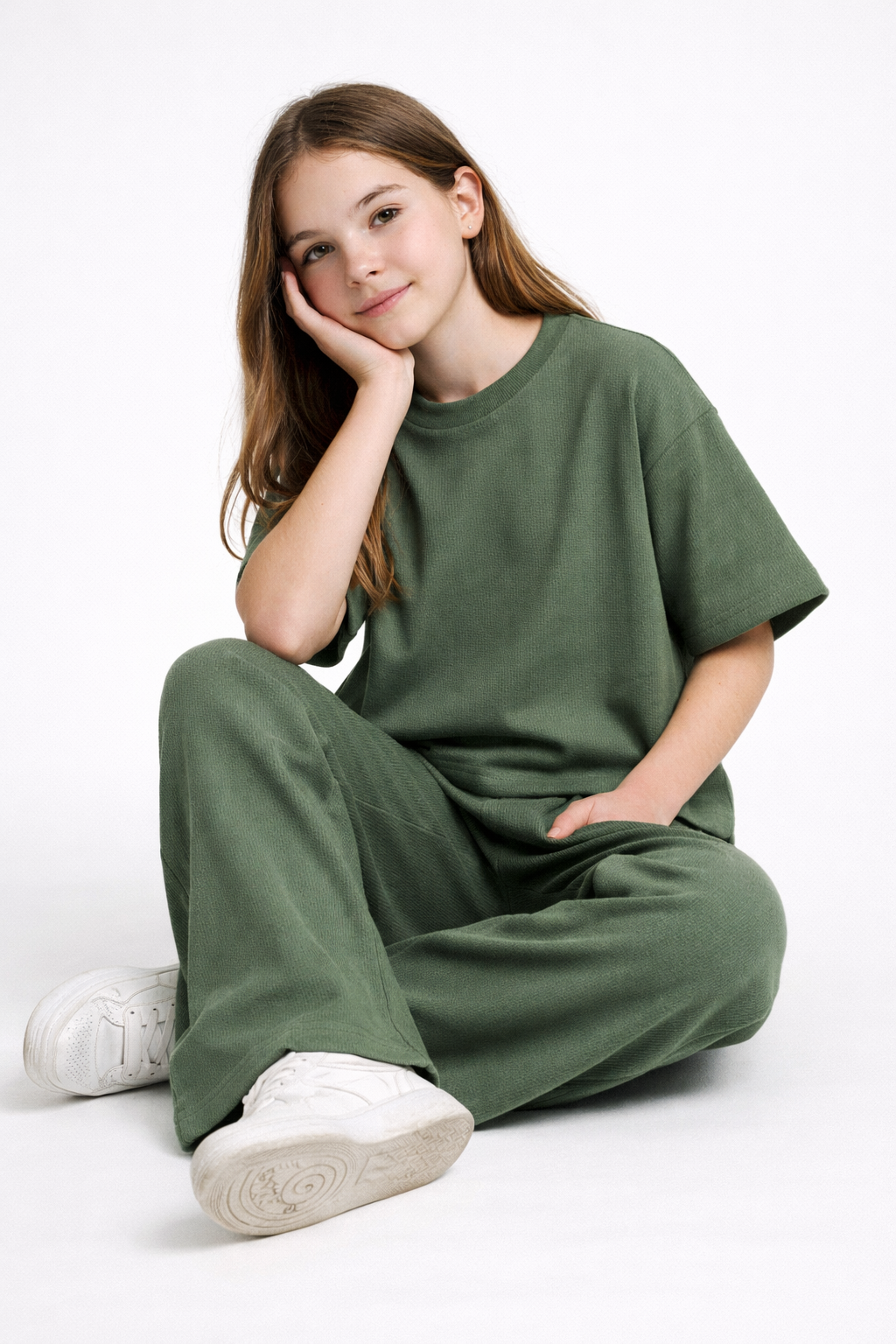 Effortless Summer Cool | Girls' Green Ribbed Knit Oversized Co-Ord Set