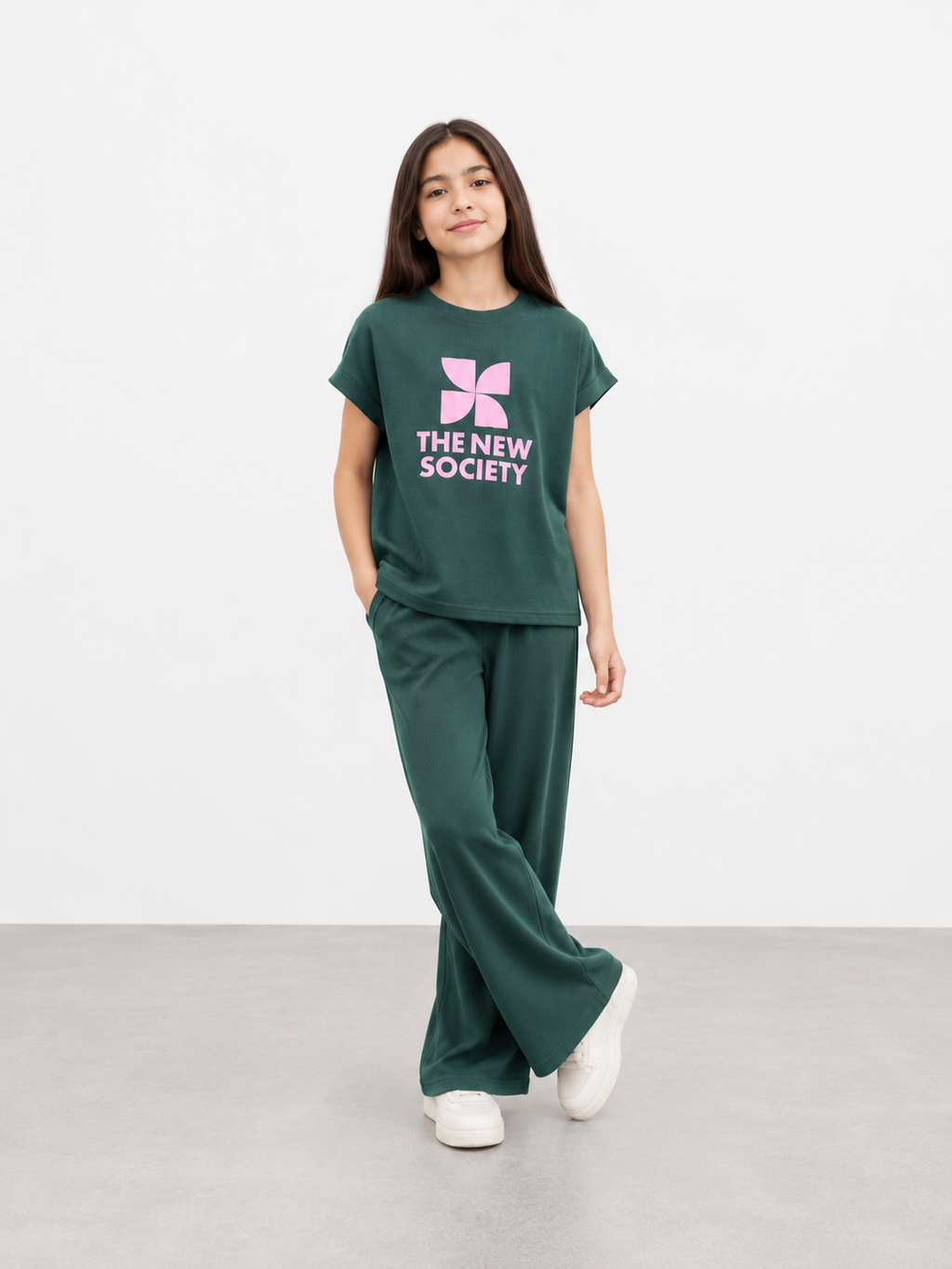 Girls Dark Green Ribbed Co-Ord Set | Graphic T-Shirt & Wide Leg Pants