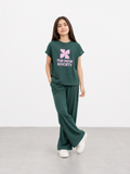 Girls Dark Green Ribbed Co-Ord Set | Graphic T-Shirt & Wide Leg Pants