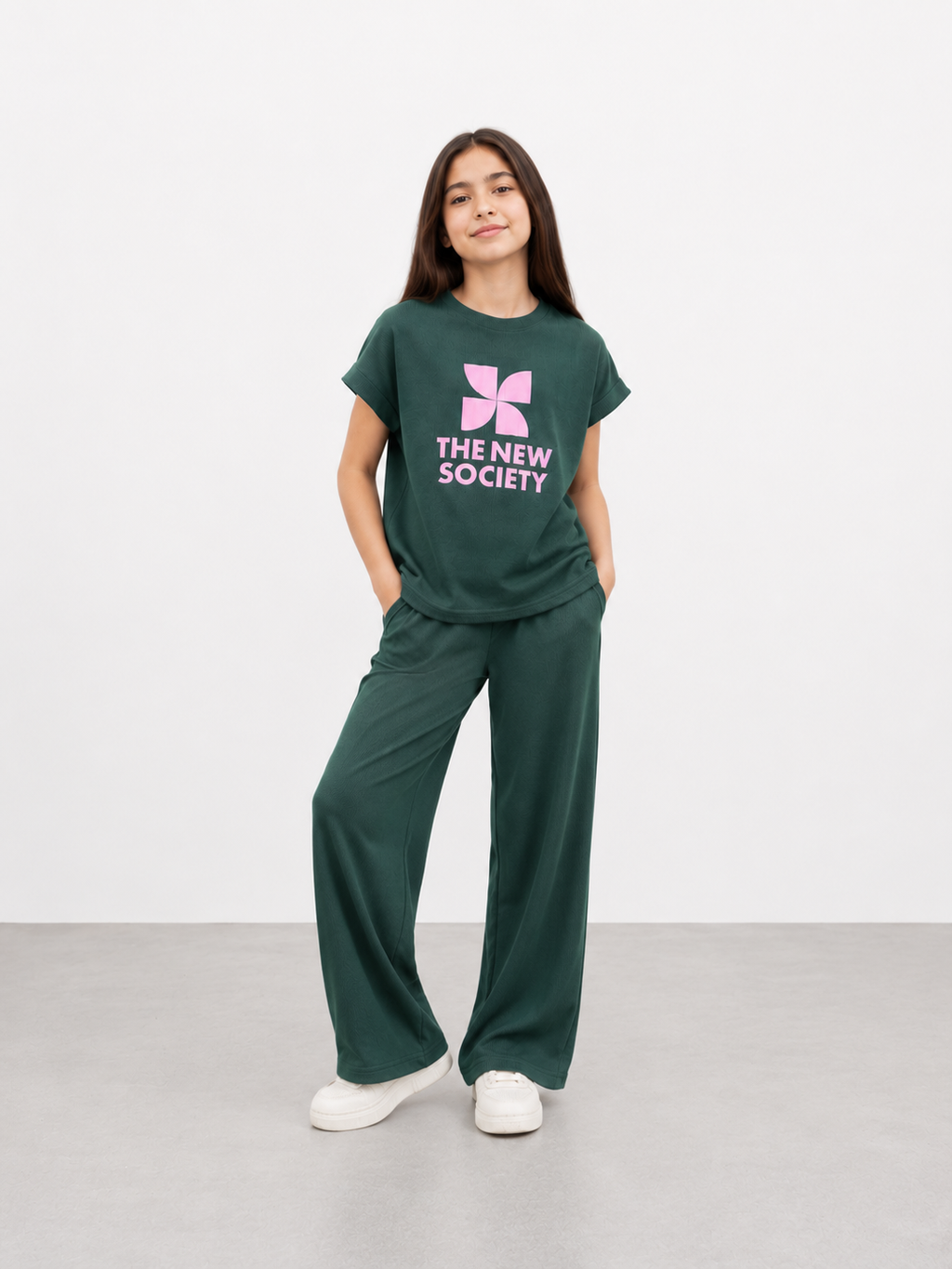 Girls Dark Green Ribbed Co-Ord Set | Graphic T-Shirt & Wide Leg Pants